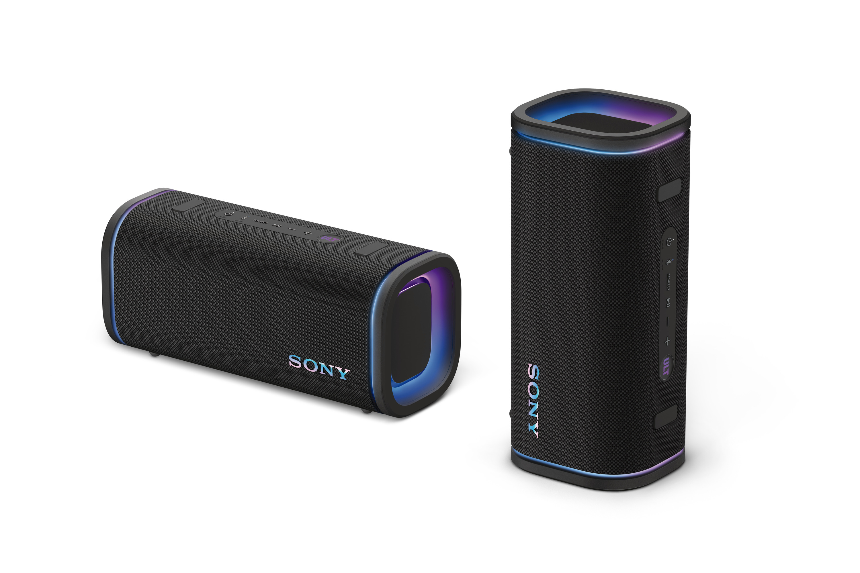 Due altoparlanti Sony neri con illuminazione colorata su sfondo bianco.