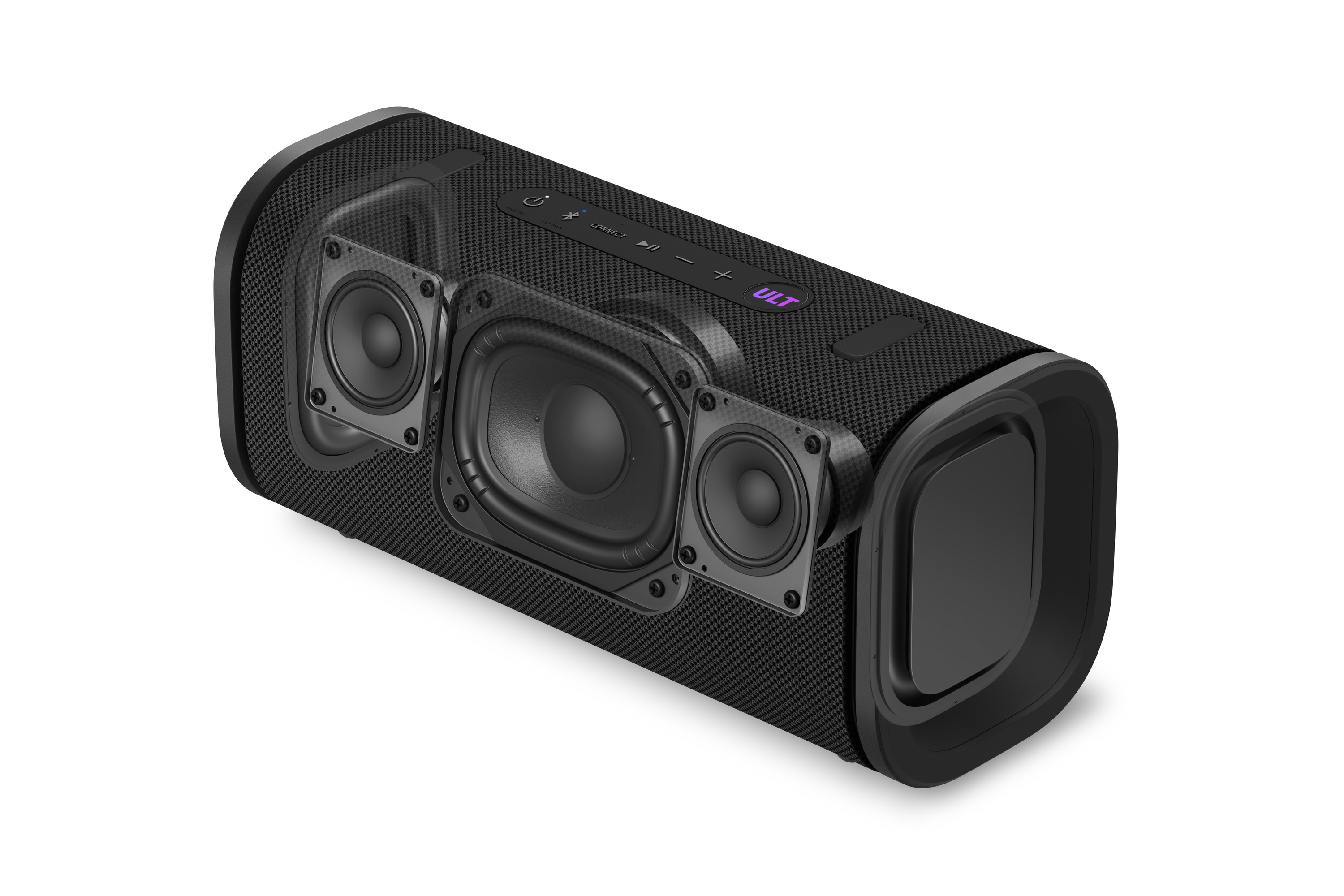 Altoparlante Bluetooth nero con driver visibili e pulsanti di controllo.