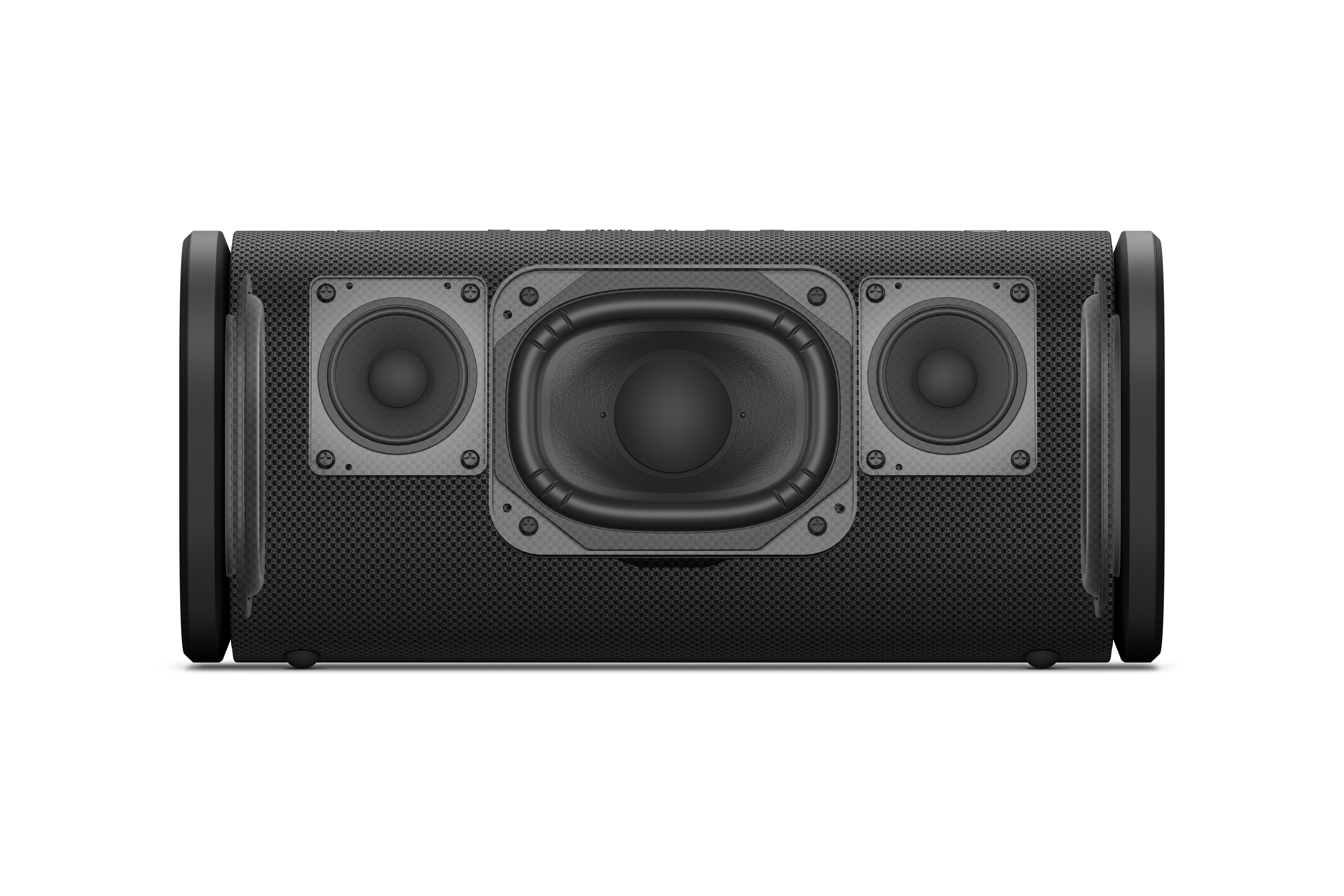 Altoparlante nero con un woofer grande e due tweeter laterali più piccoli.