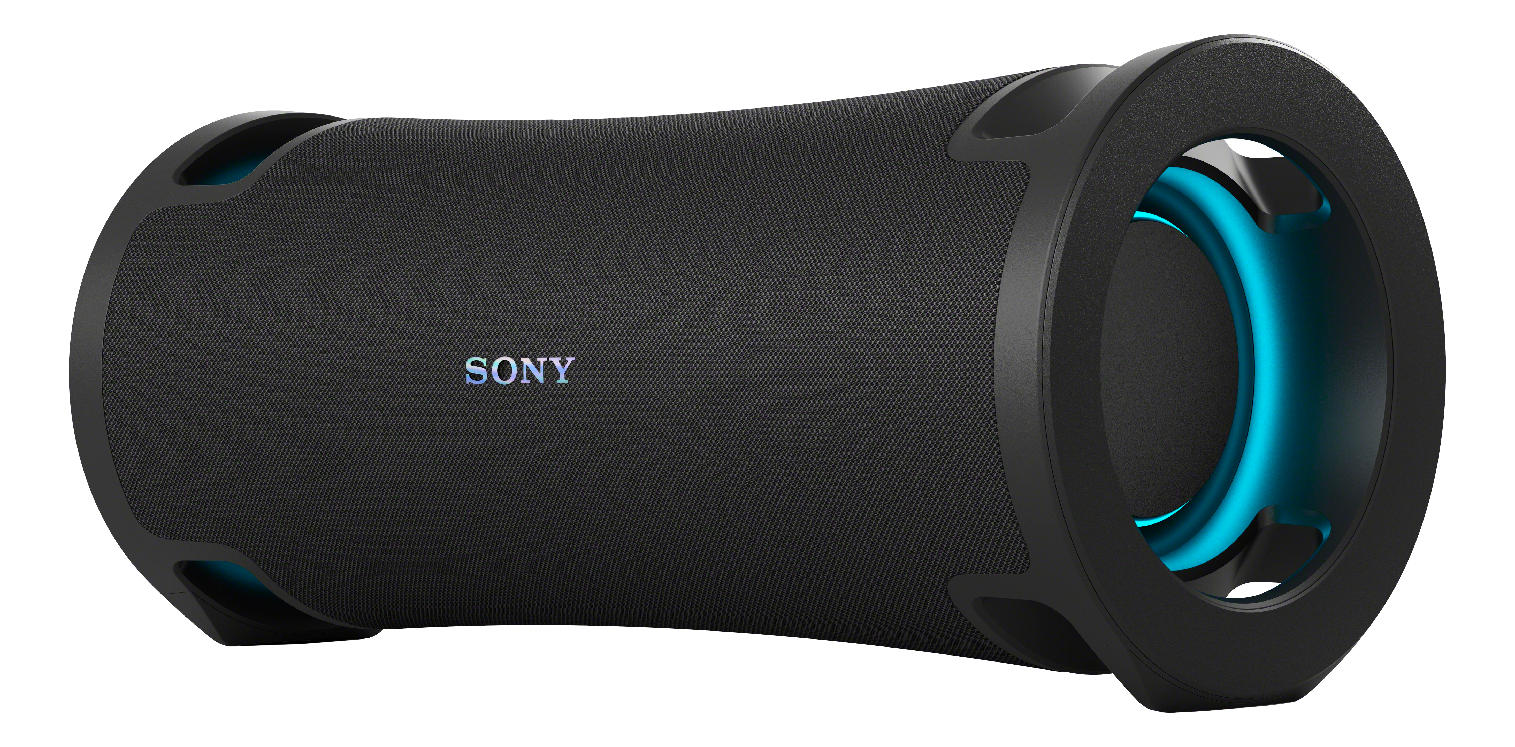 Altoparlante Sony nero con accenti blu e copertura in tessuto.