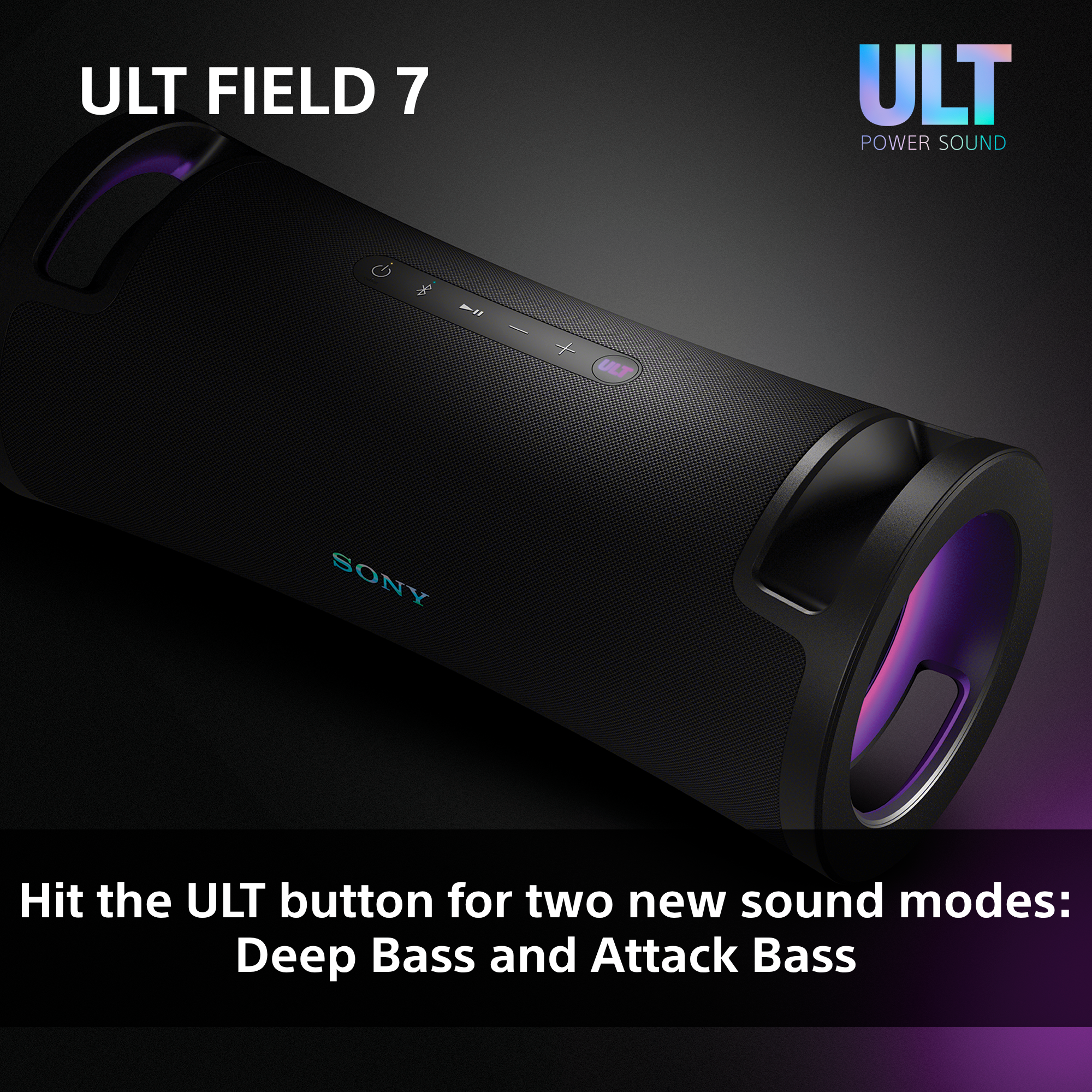 Altoparlante Sony ULT Field 7 nero con accenti viola e controlli.