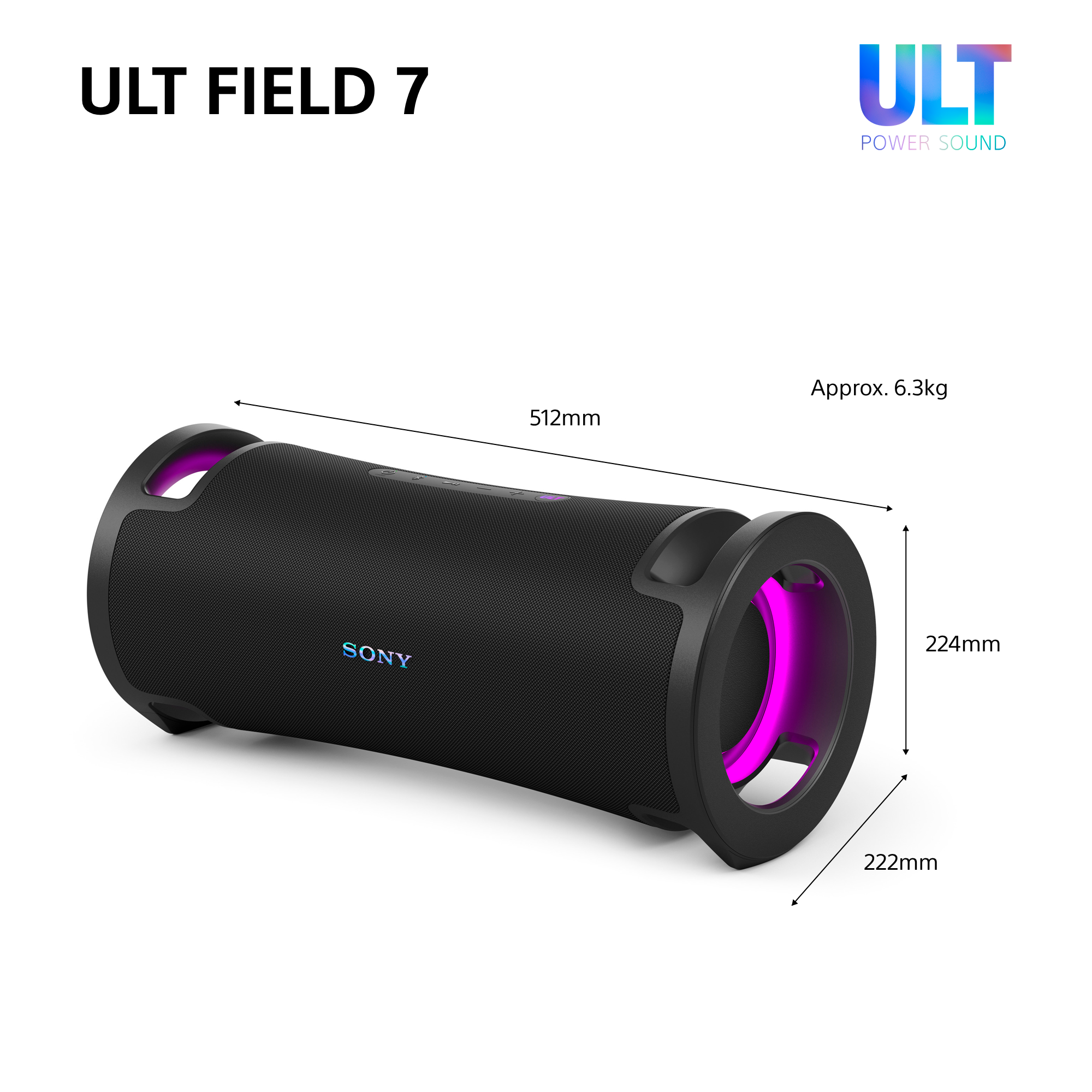 Altoparlante Sony ULT FIELD 7 nero con illuminazione rosa e dimensioni.