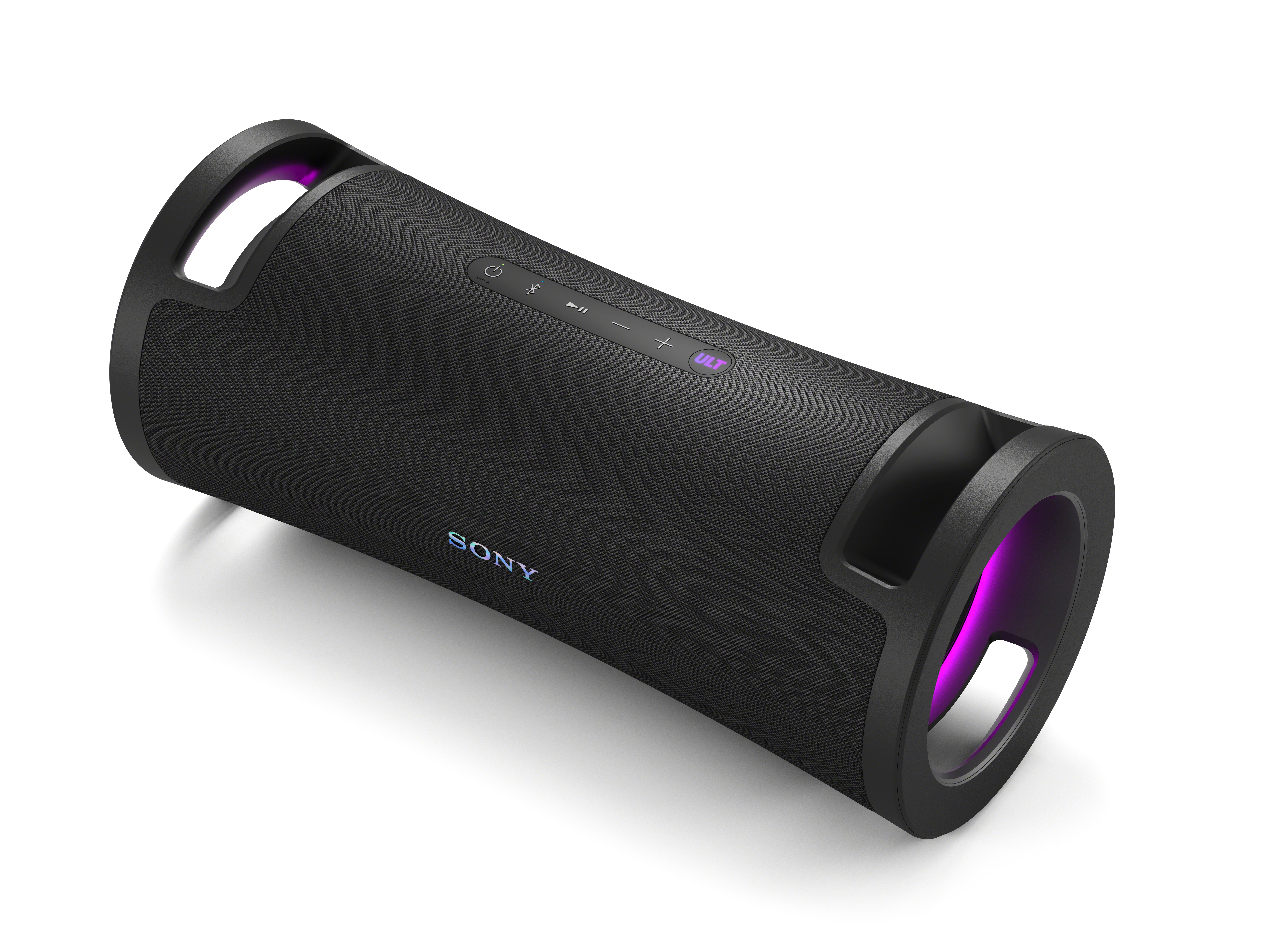 Altoparlante Sony nero con accenti viola e maniglie.