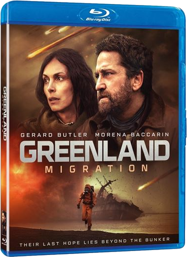 Gerard Butler et Morena Baccarin dans Greenland, avec des comètes et un homme en combinaison NRBC.