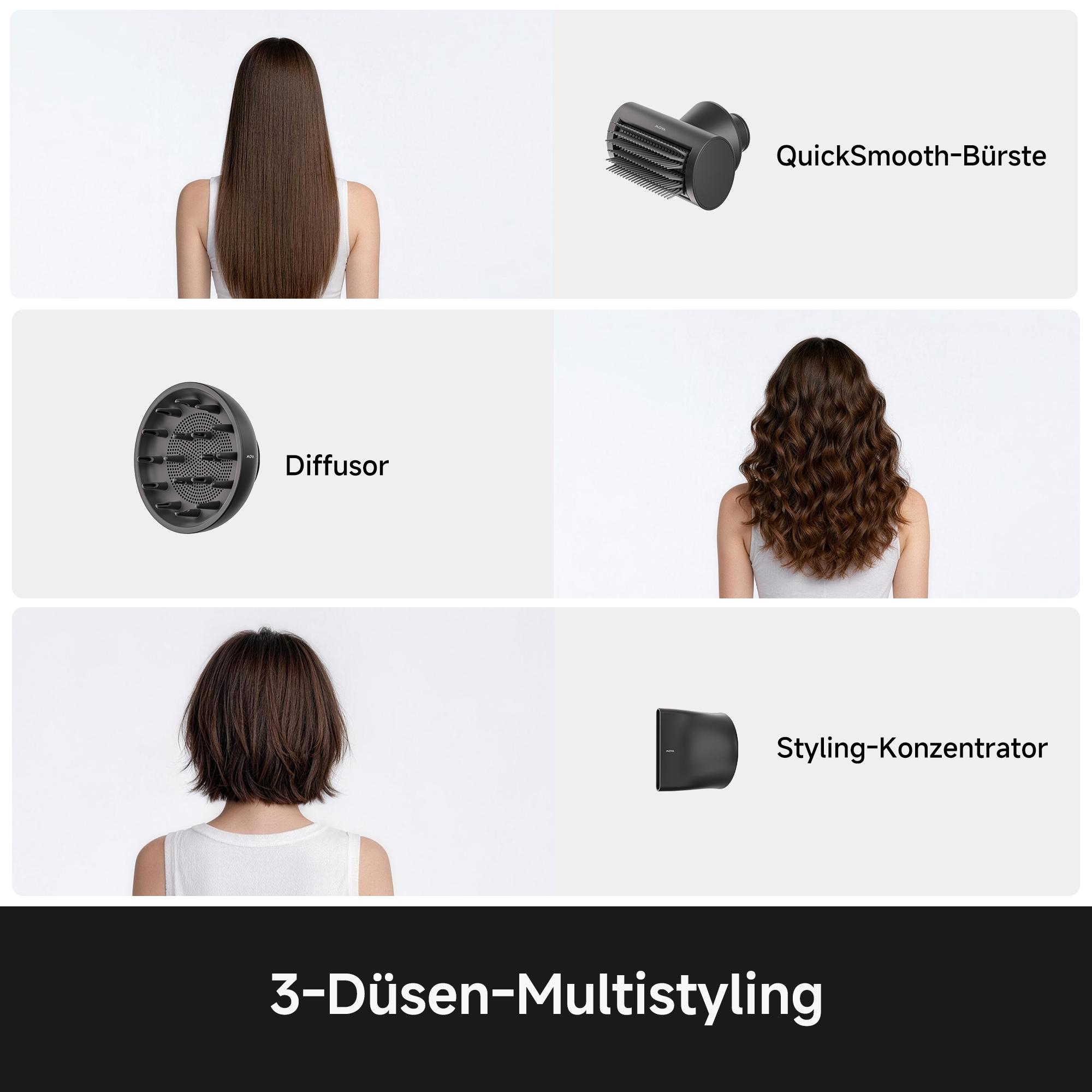 Drei verschiedene Haartrockner-Aufsätze: Glättbürste, Diffusor und Styling-Konzentrator.