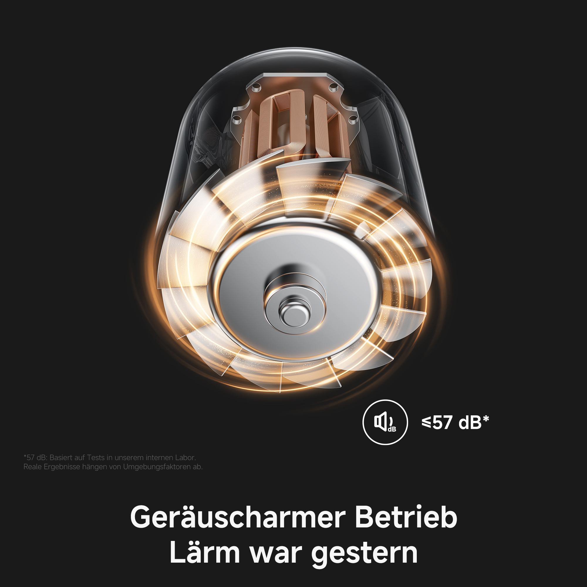 Ein detaillierter Blick auf den Motor eines Geräts mit leuchtenden Akzenten und einer Dezibelanzeige.