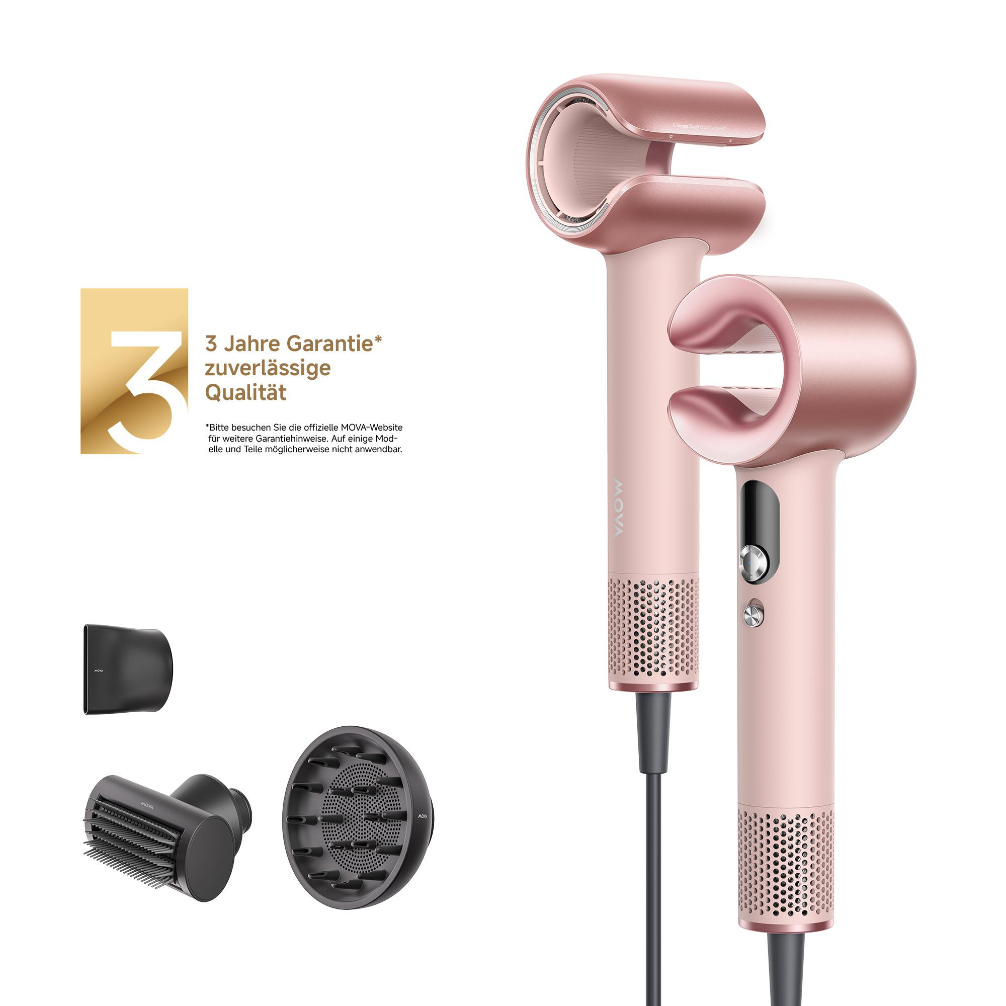 Zwei roségoldene Haartrockner mit Zubehör und Garantiehinweis.