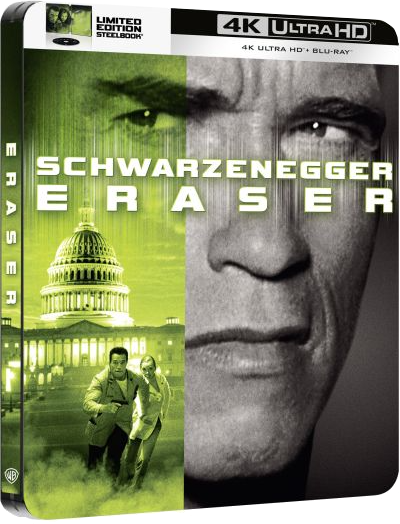 Filmcover gesplitst: Links het Capitoolgebouw, rechts Schwarzenegger's gezicht.