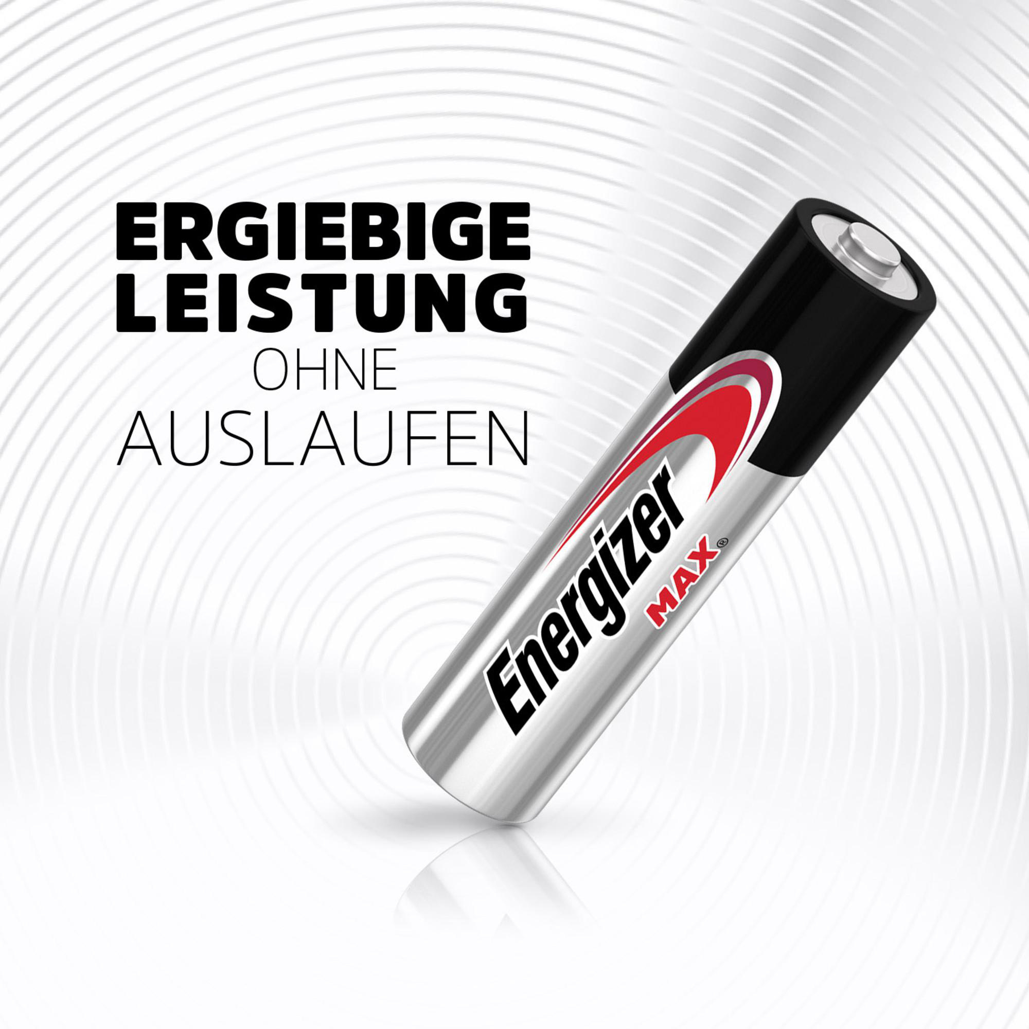 Energizer Max Batterie auf weißem Hintergrund mit deutschen Text.