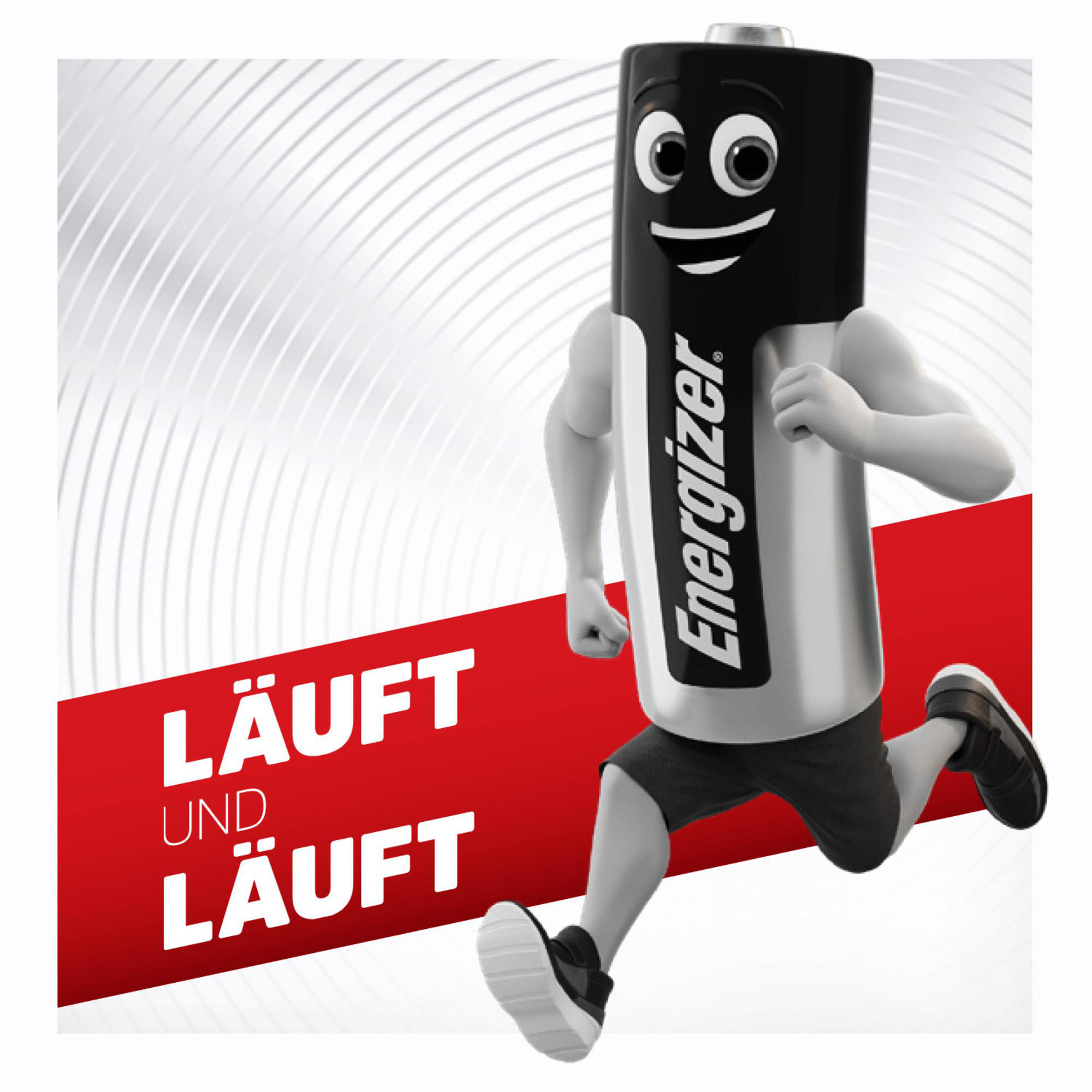 Ein Energizer-Akku mit Armen und Beinen rennt vor einem roten Banner mit Text.