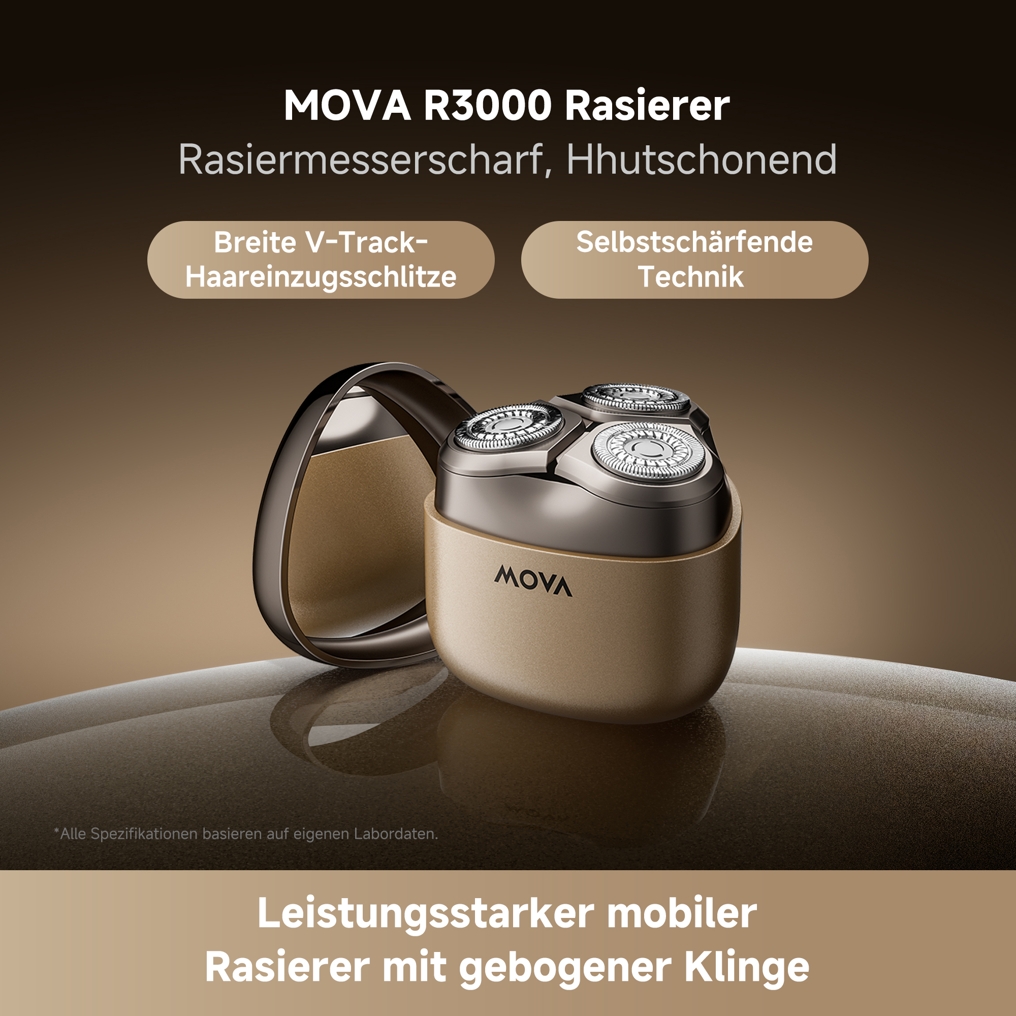 Ein goldener MOVA R3000 Rasierer mit drei Klingen auf einem glänzenden Untergrund.