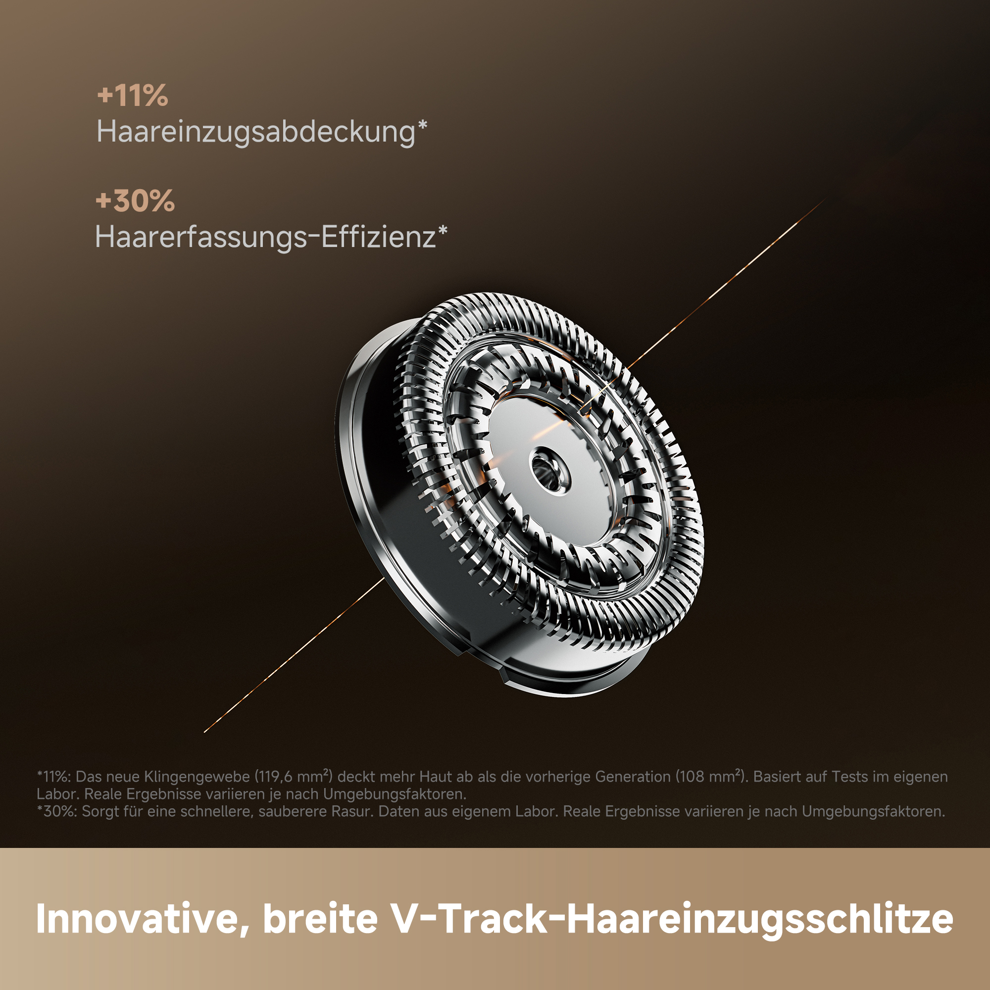Ein metallischer Scherblattkopf mit Zahnung auf dunklem Hintergrund, mit Text.