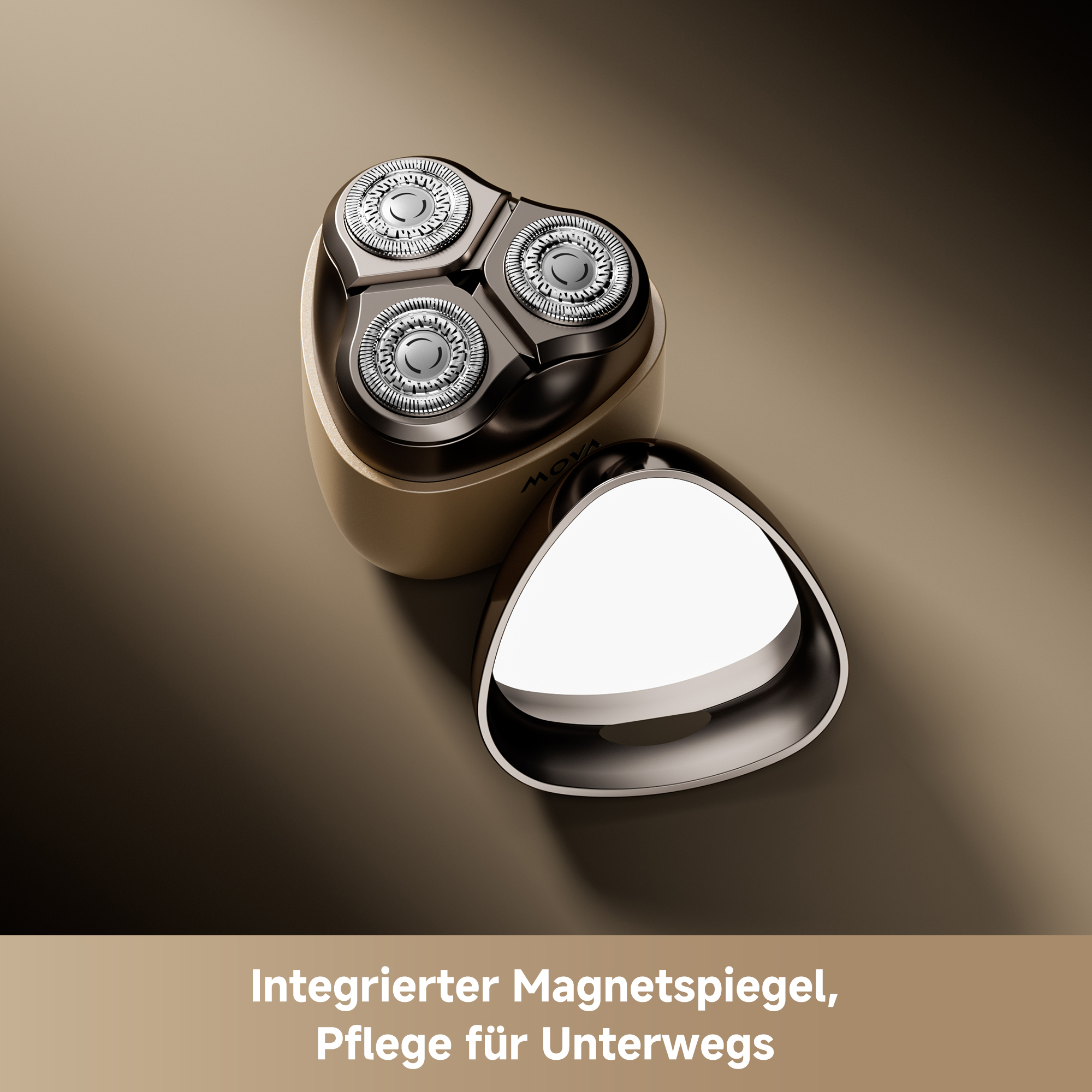 Ein goldener Rasierer mit drei Klingen und abgenommenem Deckel.