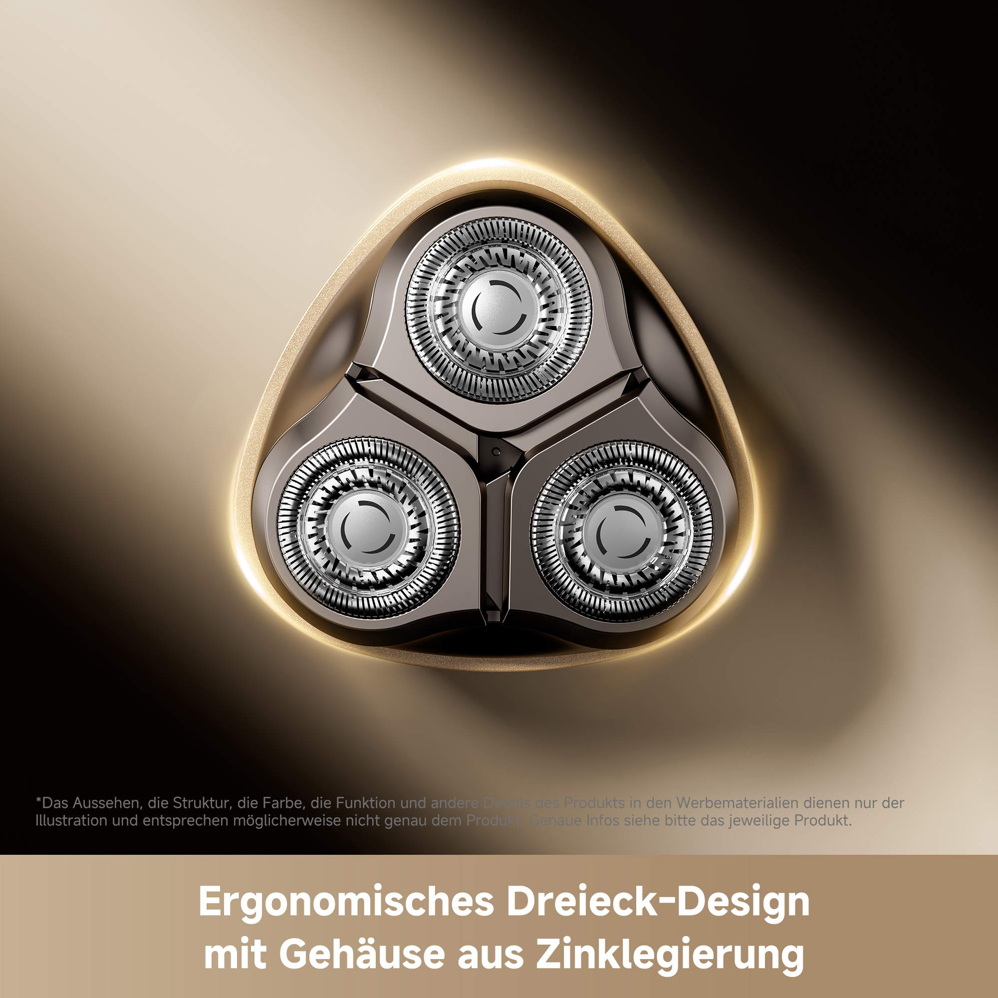 Nahaufnahme des dreiköpfigen Scherkopfes eines Rasierers aus Metall auf goldenem Hintergrund.