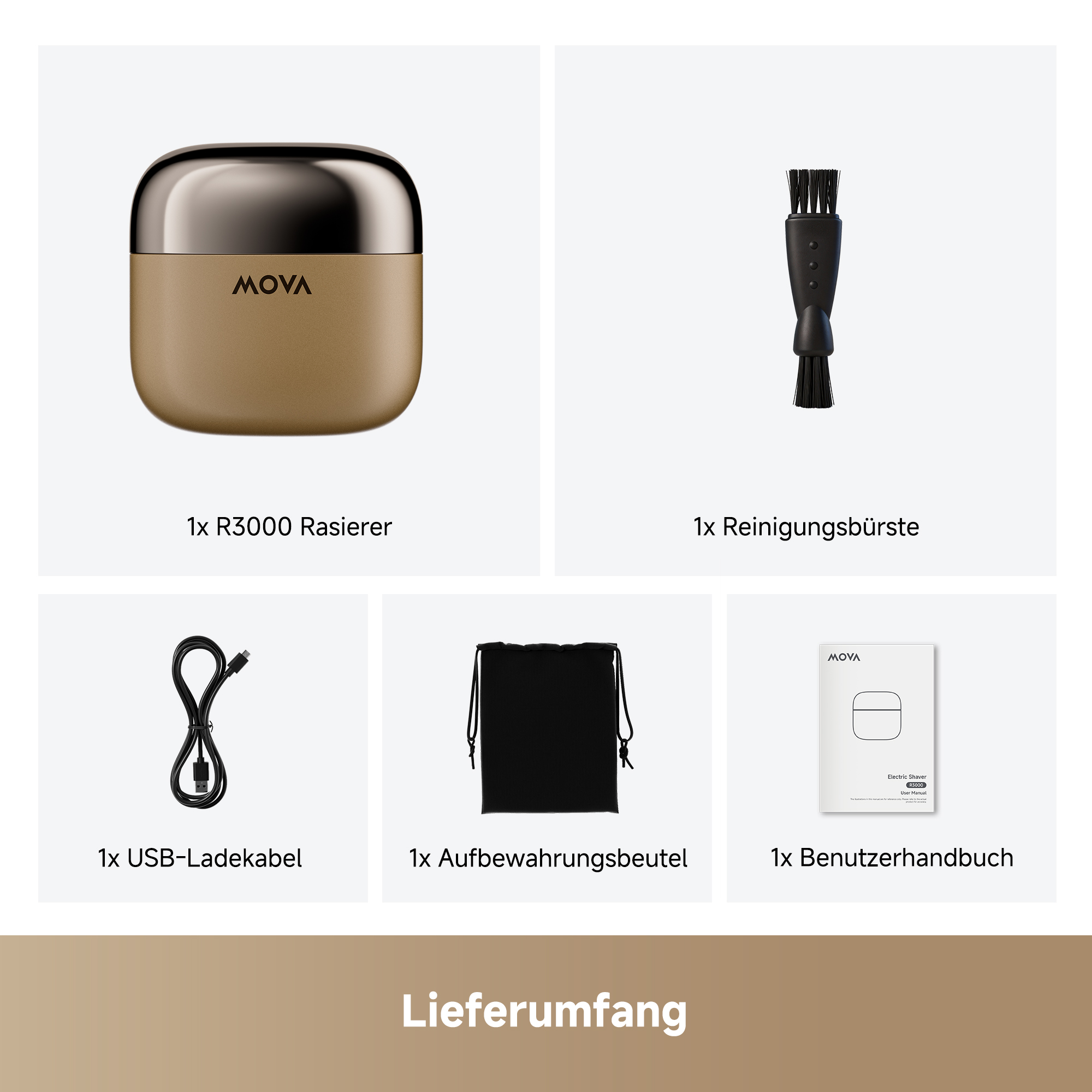 Lieferumfang: Rasierer, Bürste, Kabel, Beutel, Handbuch.