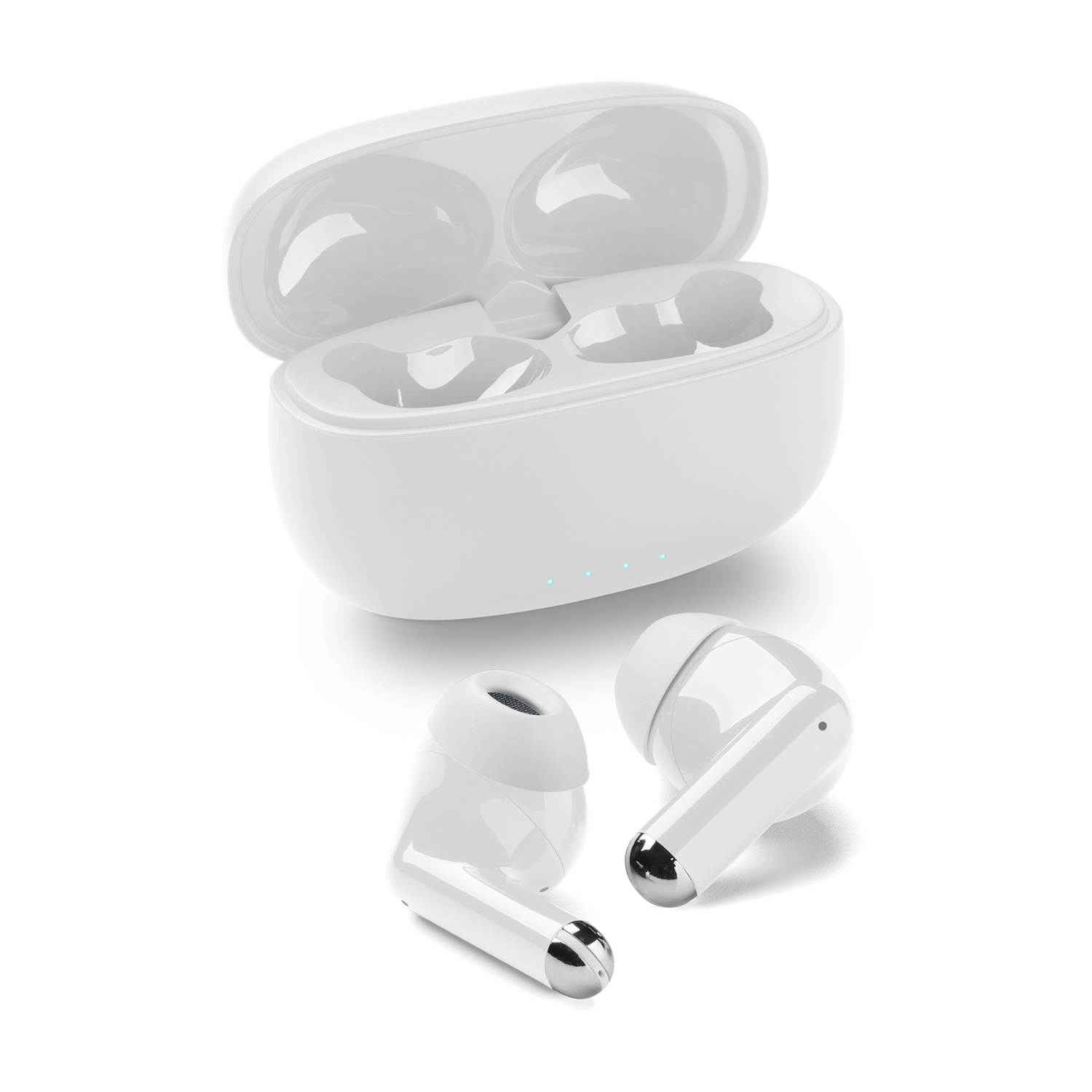 Un set di auricolari wireless bianchi con custodia di ricarica aperta e due auricolari accanto.