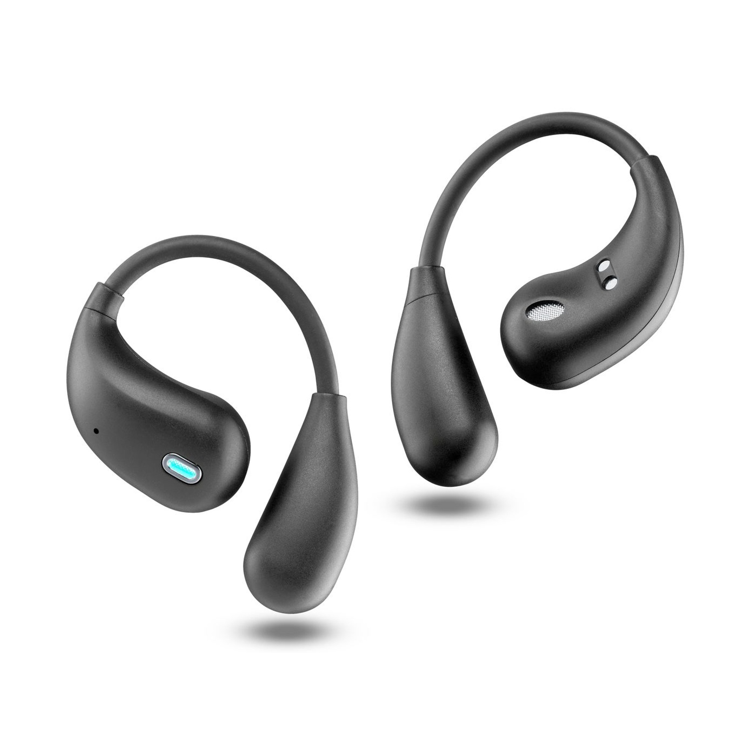 Due auricolari neri senza fili a gancio, sfondo bianco.