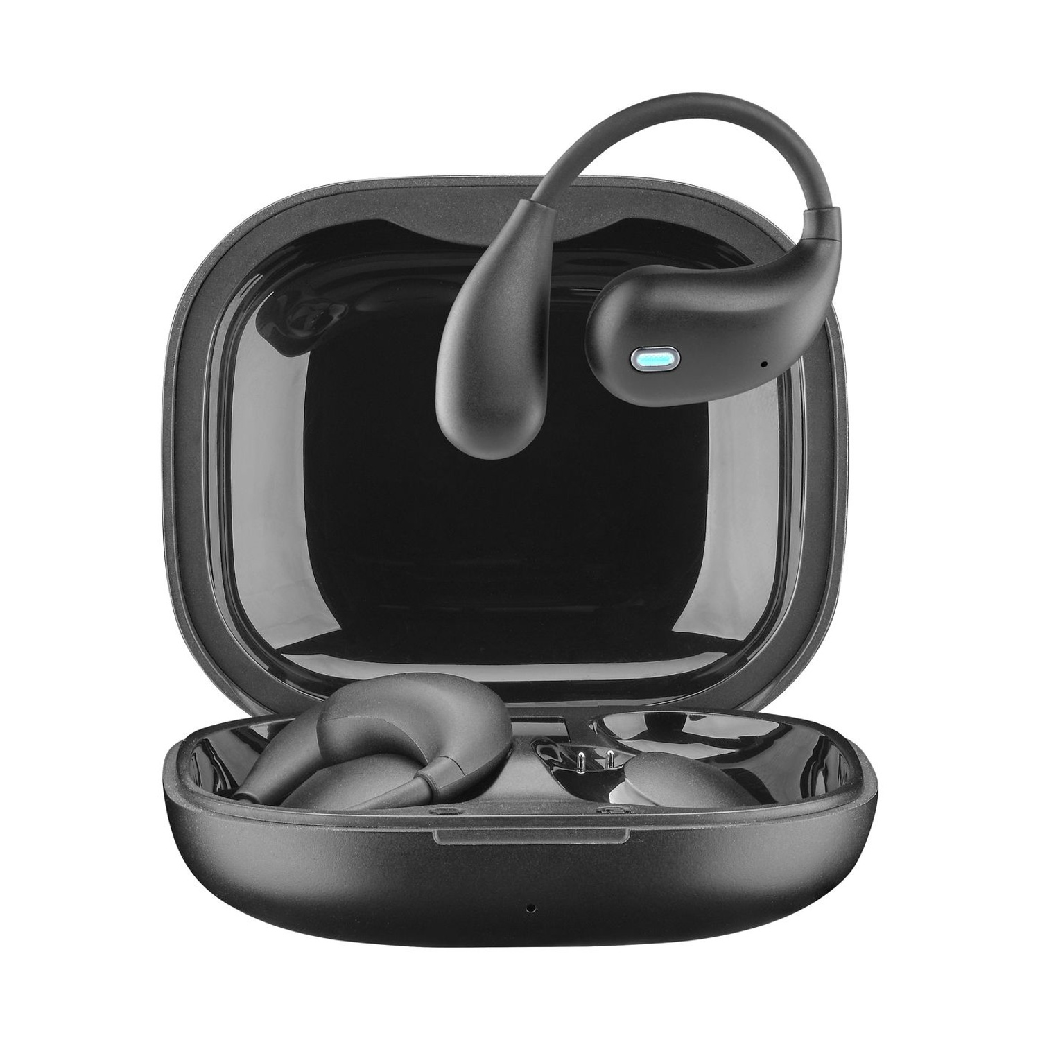 Auricolari wireless neri con custodia di ricarica, un auricolare inserito, uno accanto.
