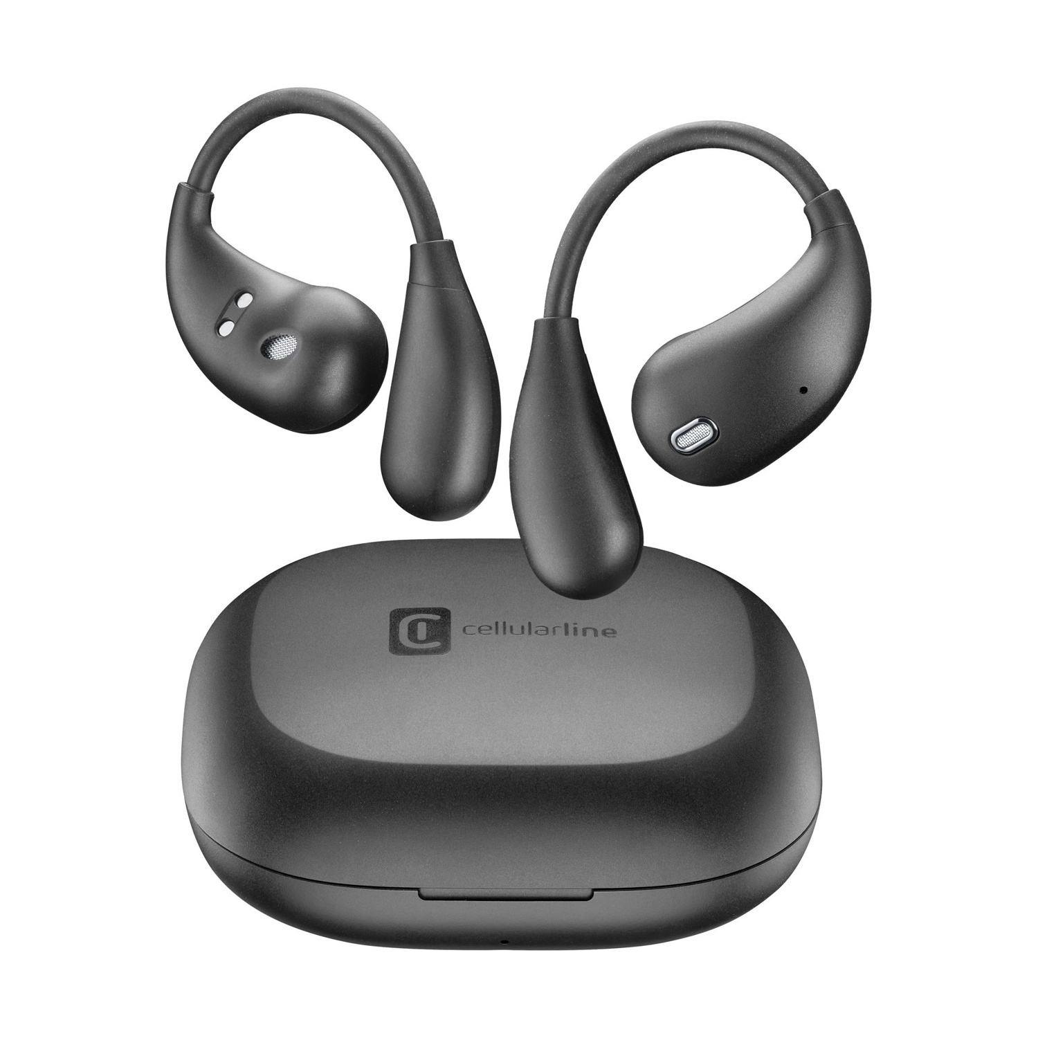 Auricolari wireless neri con custodia di ricarica su sfondo bianco.