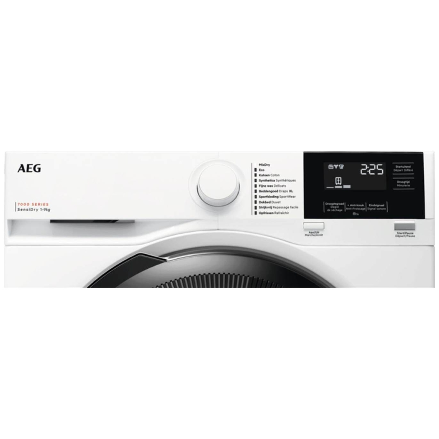 Front view of a white AEG dryer with digital display and control panel.