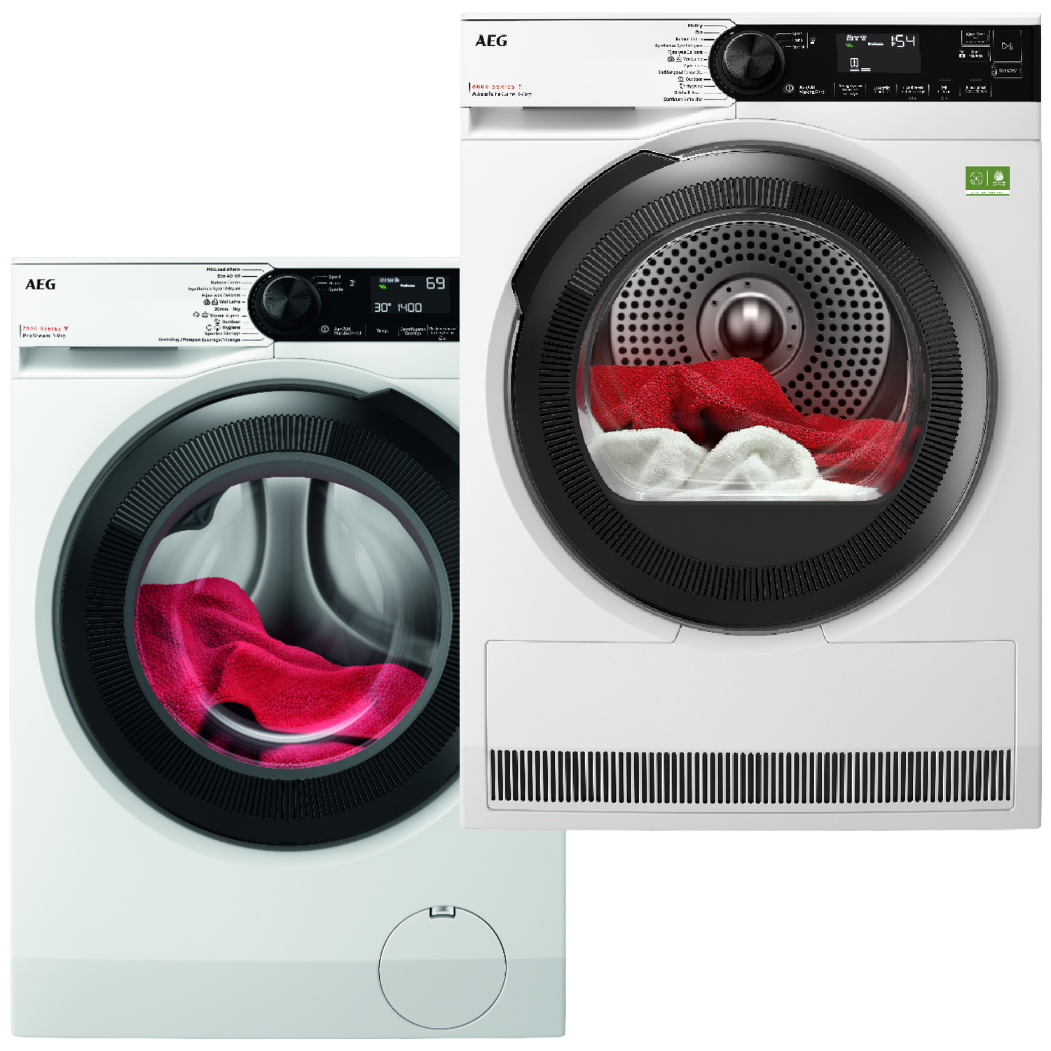 Deux lave-linge et sèche-linge AEG côte à côte, avec du linge à l'intérieur.