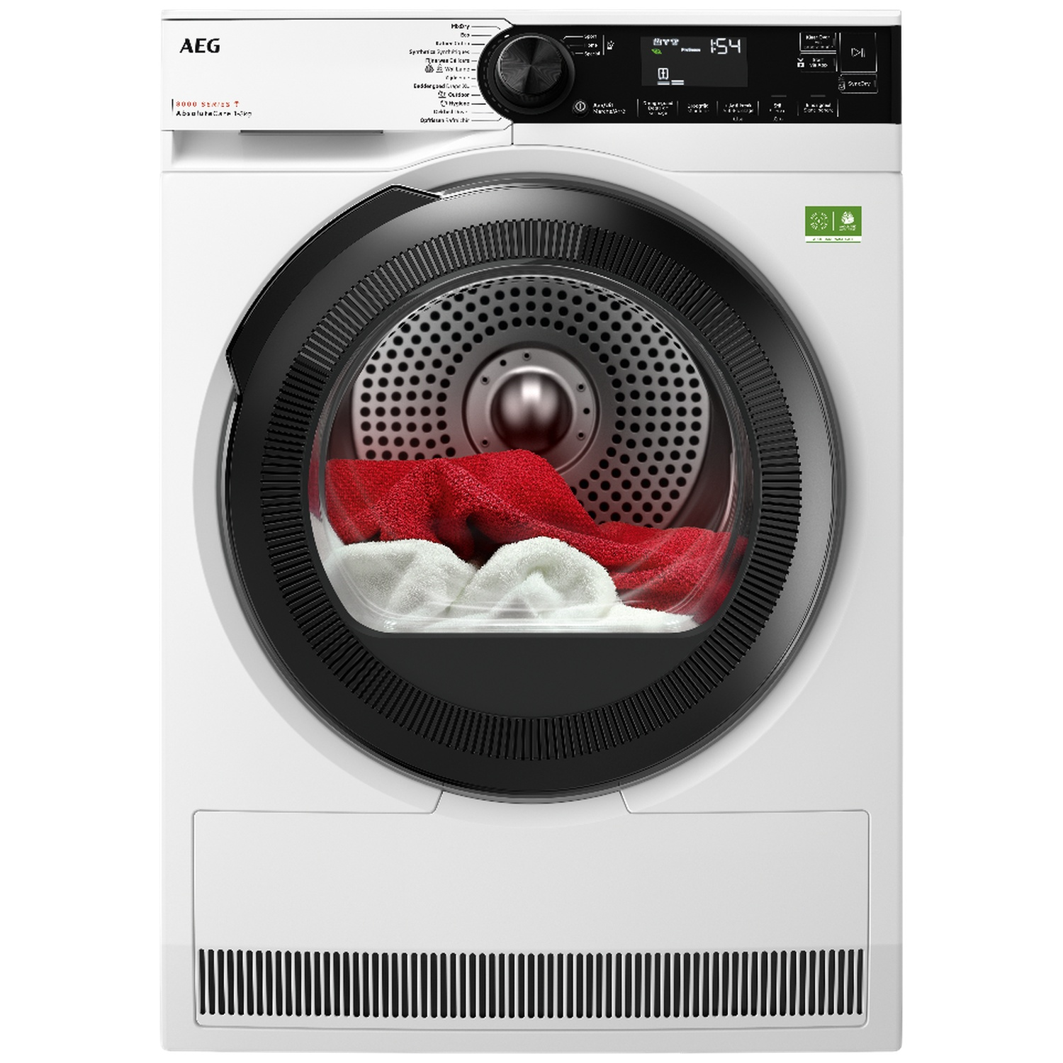 Sèche-linge AEG blanc avec tissu rouge et blanc à l'intérieur.