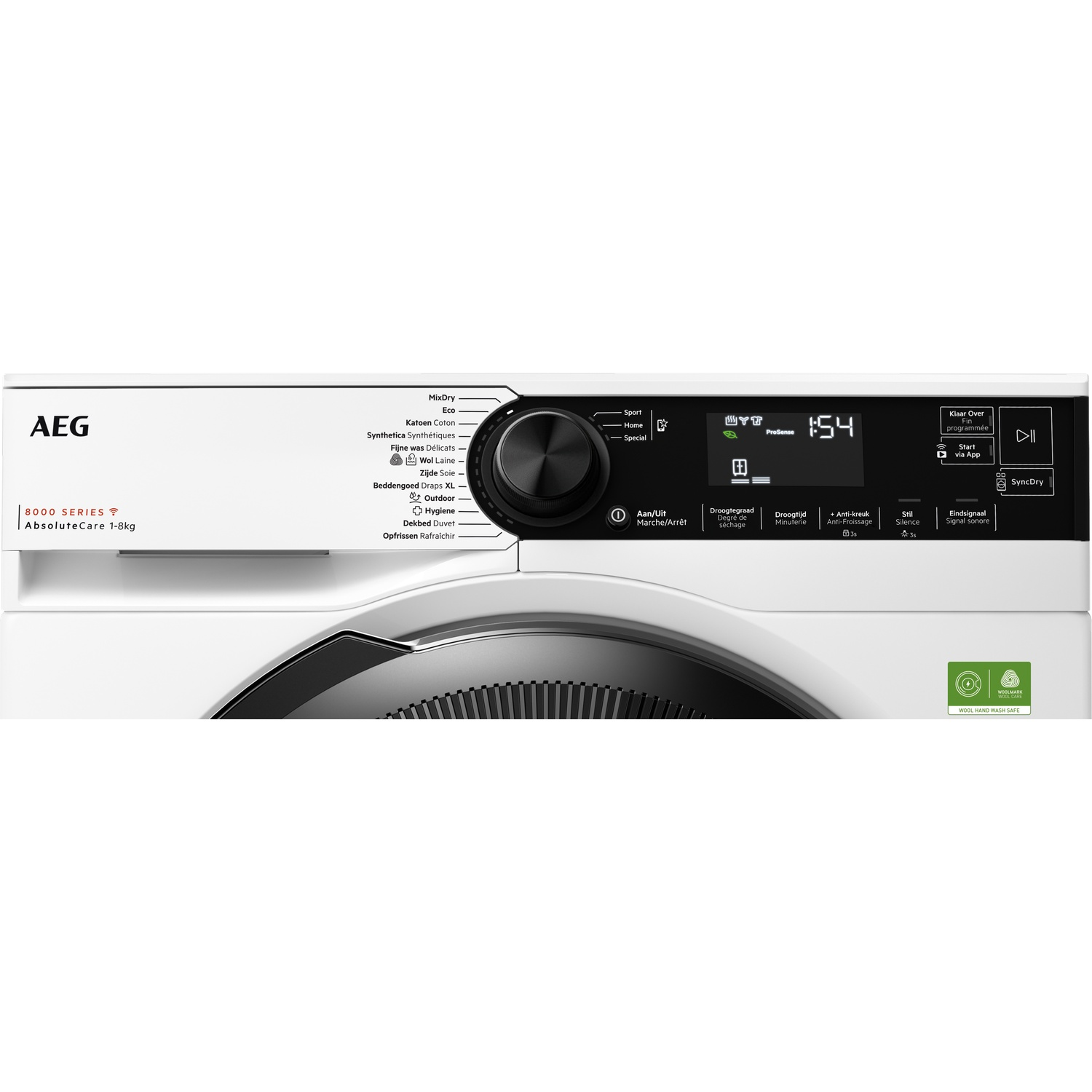 Un sèche-linge AEG blanc avec panneau de commande affichant programmes, heure et icônes.