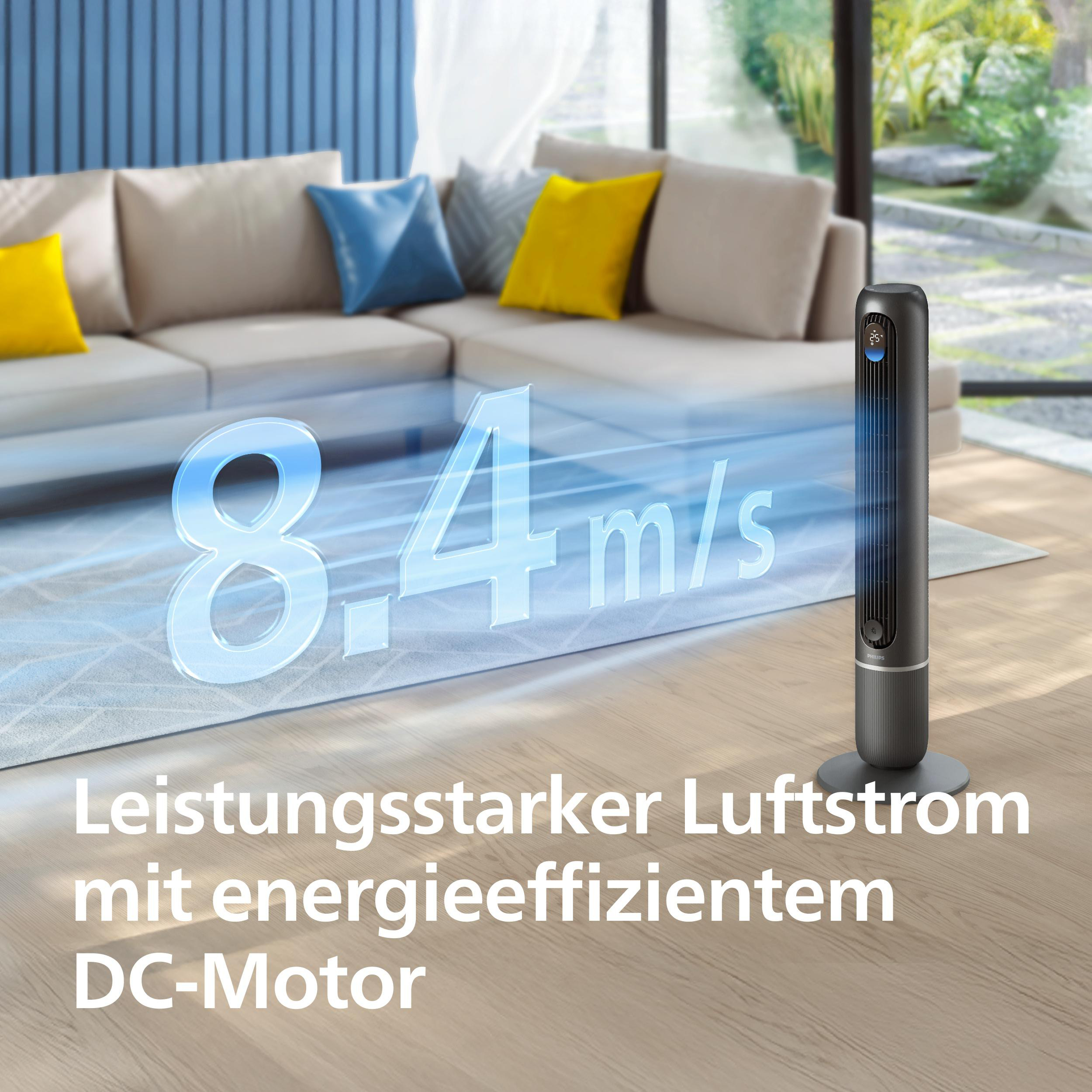 Schwarzer Turmventilator mit 8,4 m/s Luftstrom auf einem Holzboden.