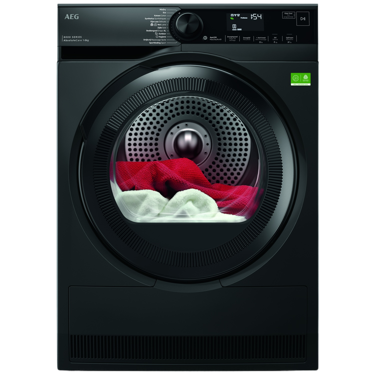 Sèche-linge AEG noir avec linge rouge et blanc dans le tambour.