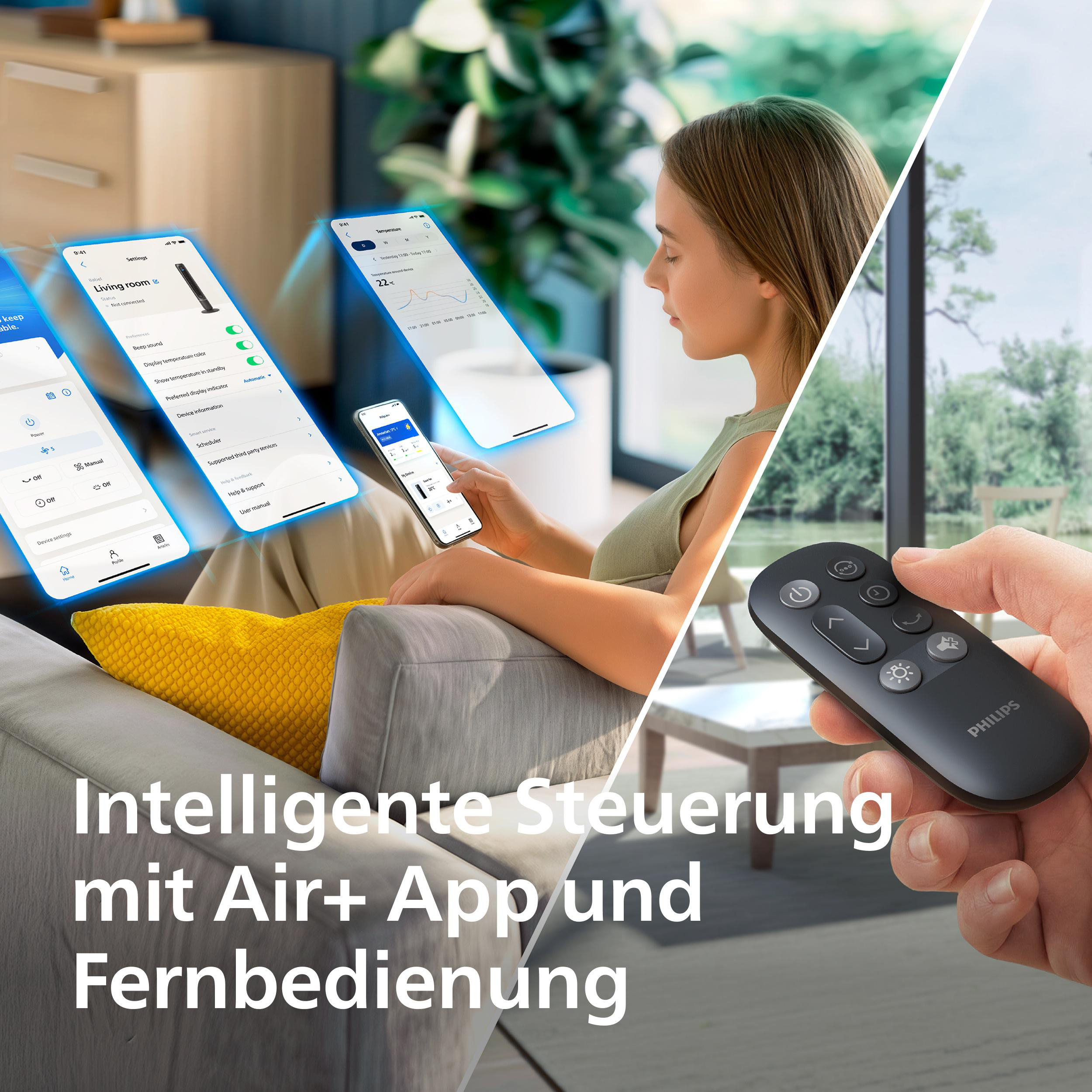 Frau bedient Luftreiniger per App und Fernbedienung. Intelligente Steuerung.