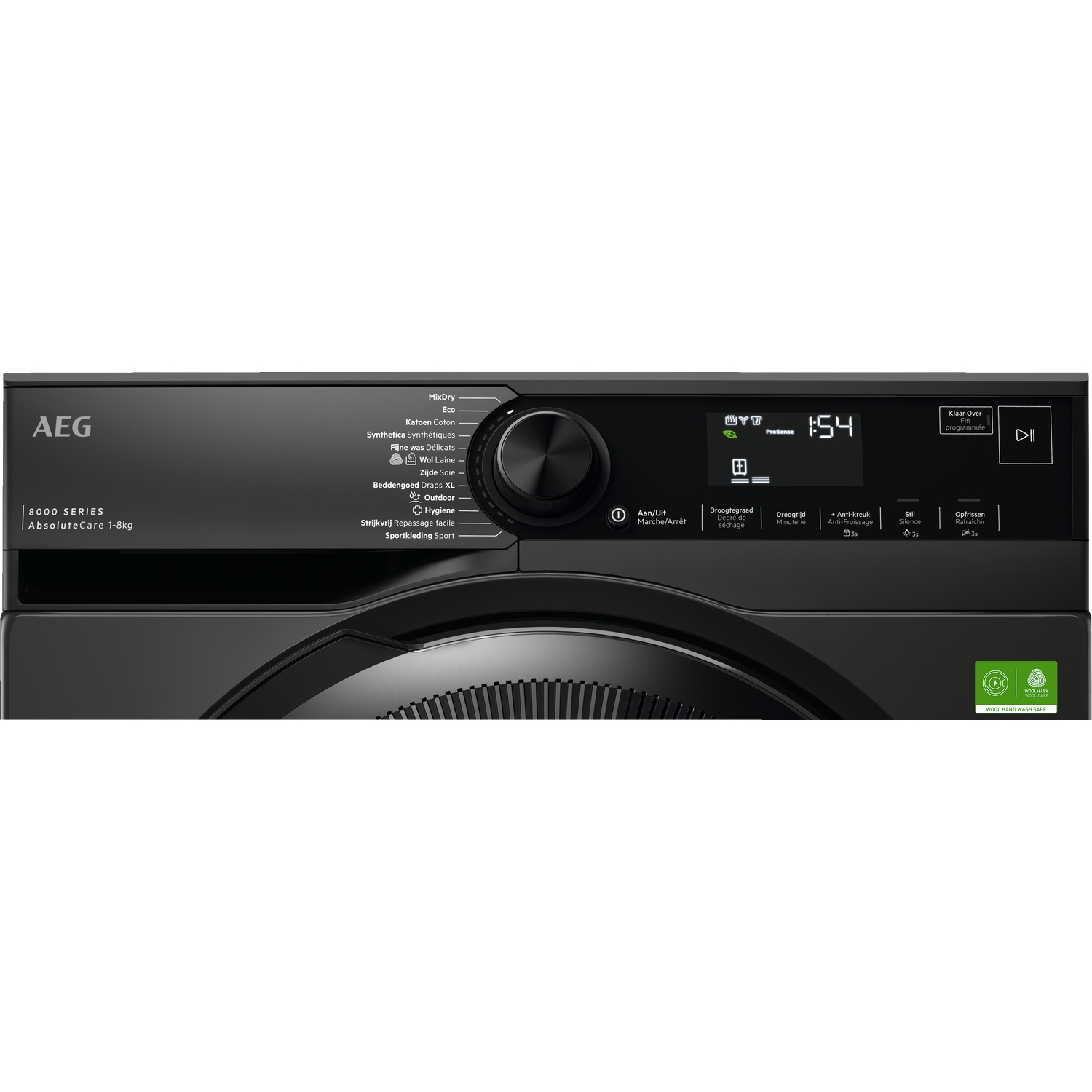 Sèche-linge noir AEG Série 8000 avec écran numérique et sélecteur de programmes.