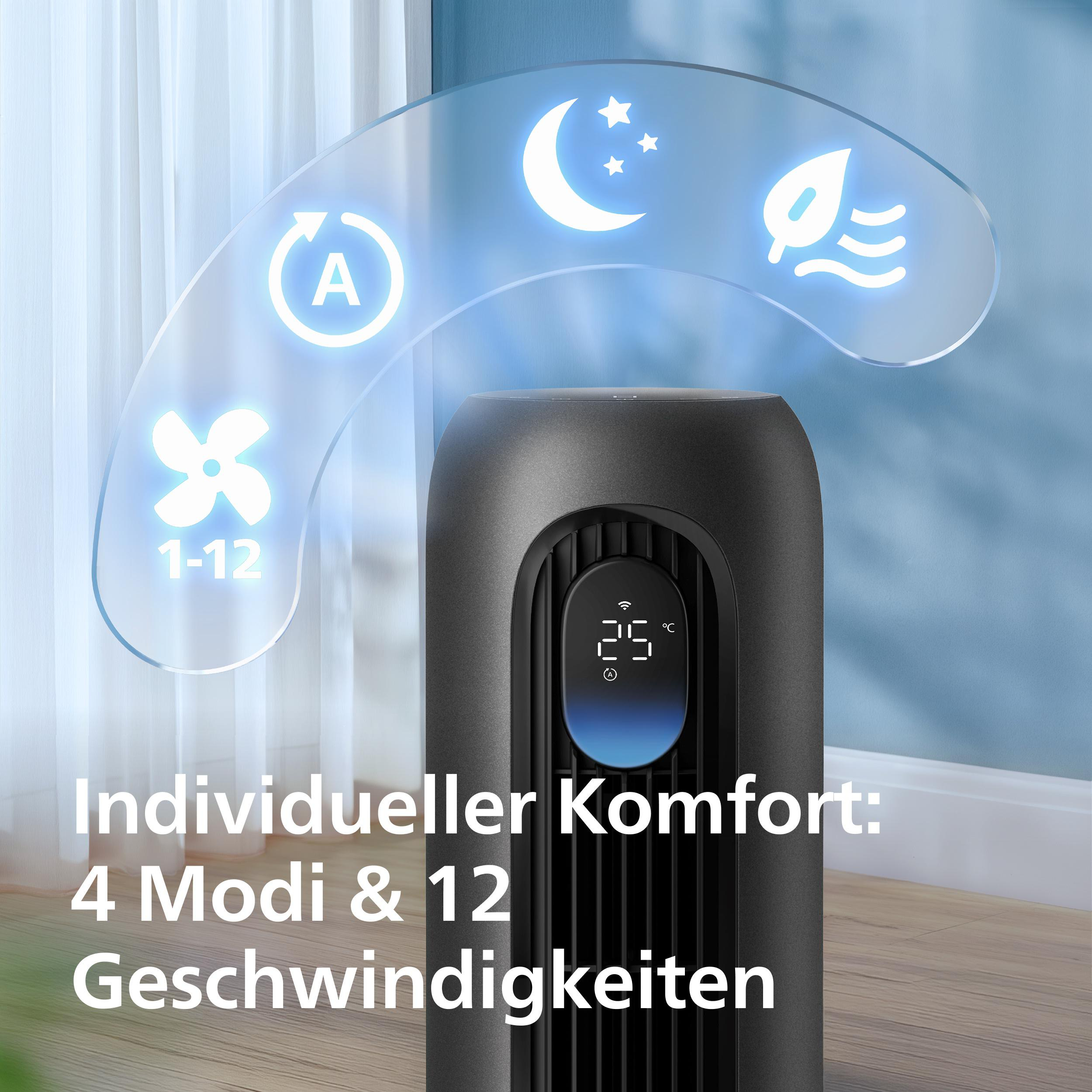 Schwarzer Turmventilator mit digitalen Symbolen für 4 Modi und 12 Geschwindigkeiten.