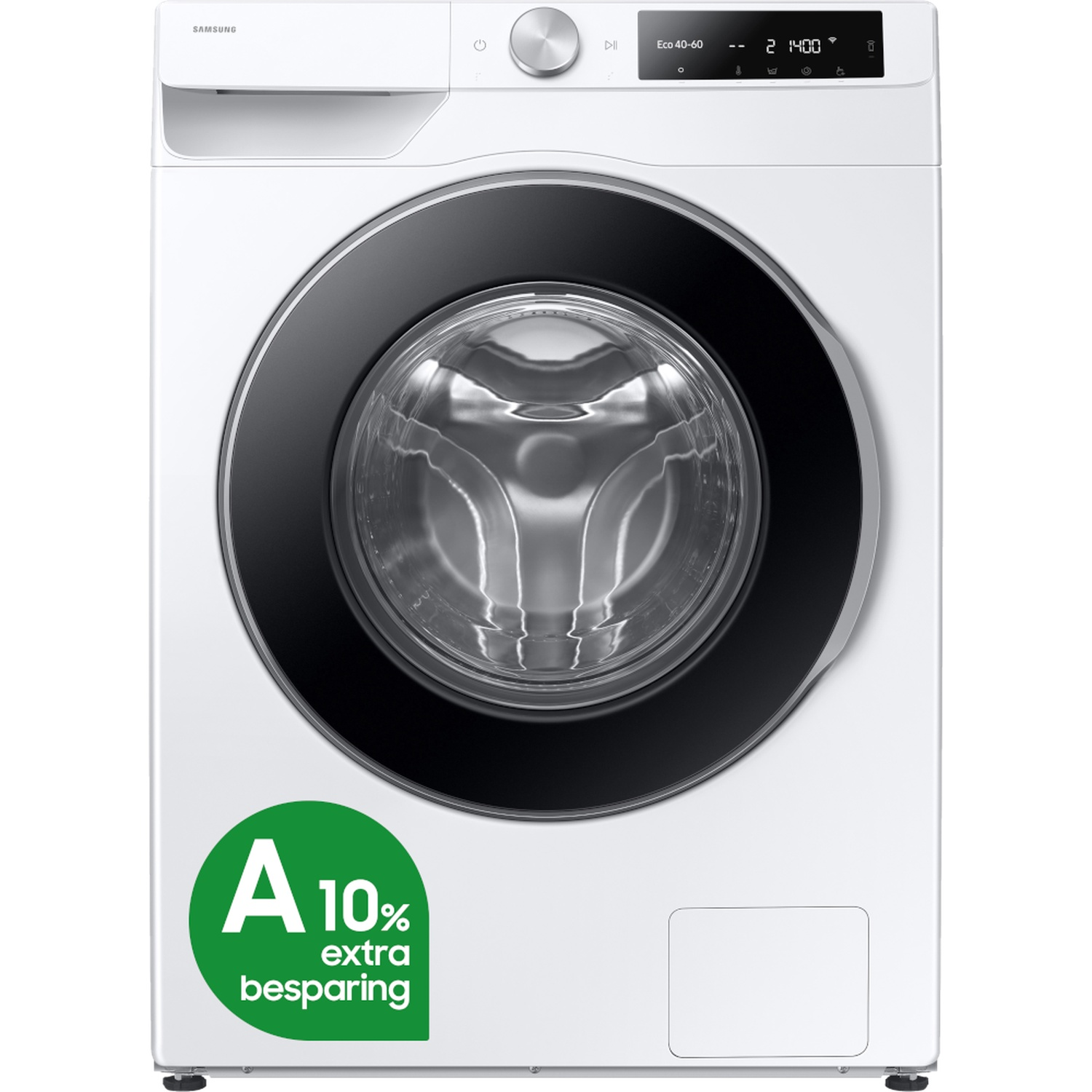 White Samsung washing machine with black door and A energy efficiency label.