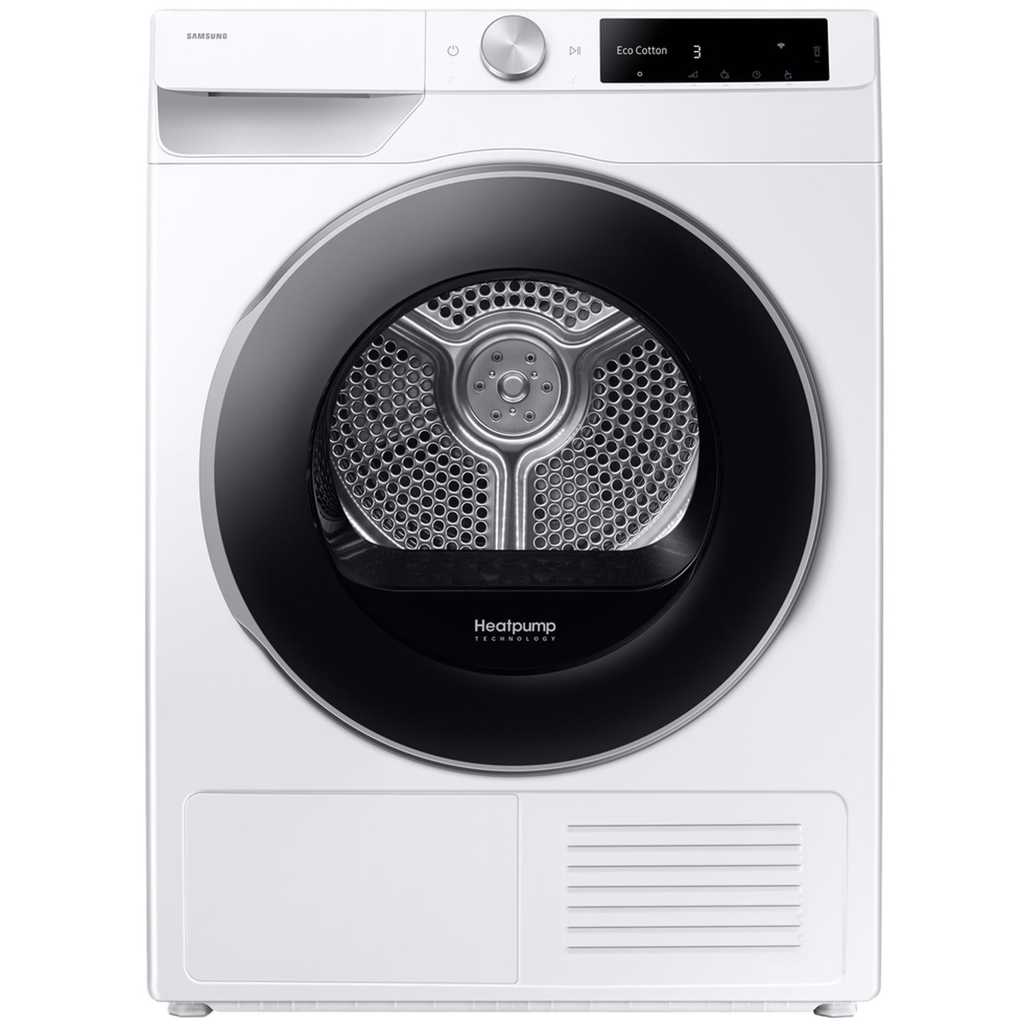 White Samsung heat pump dryer door with black rim and metal drum.