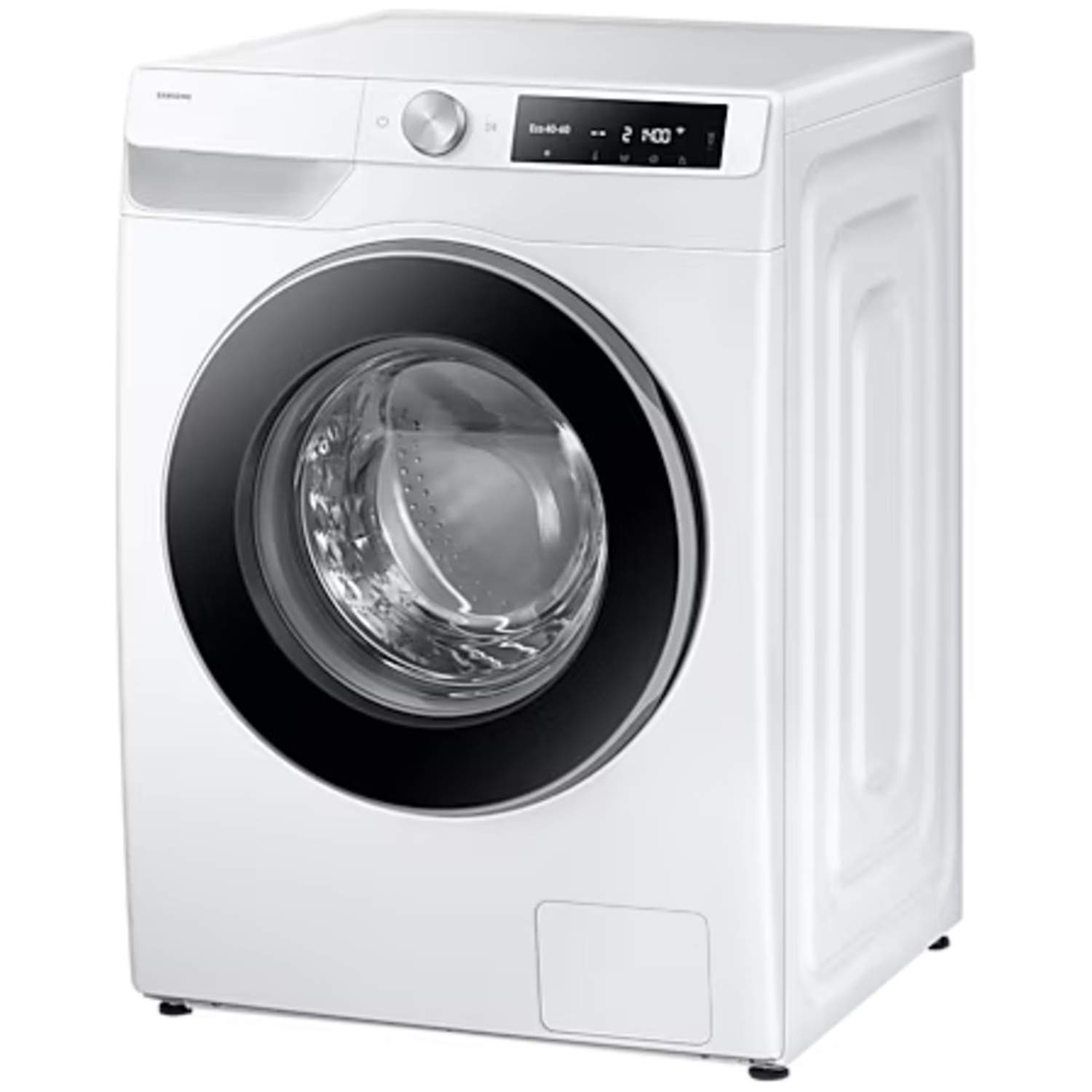 A white Samsung washing machine with a black circular door and a digital display.