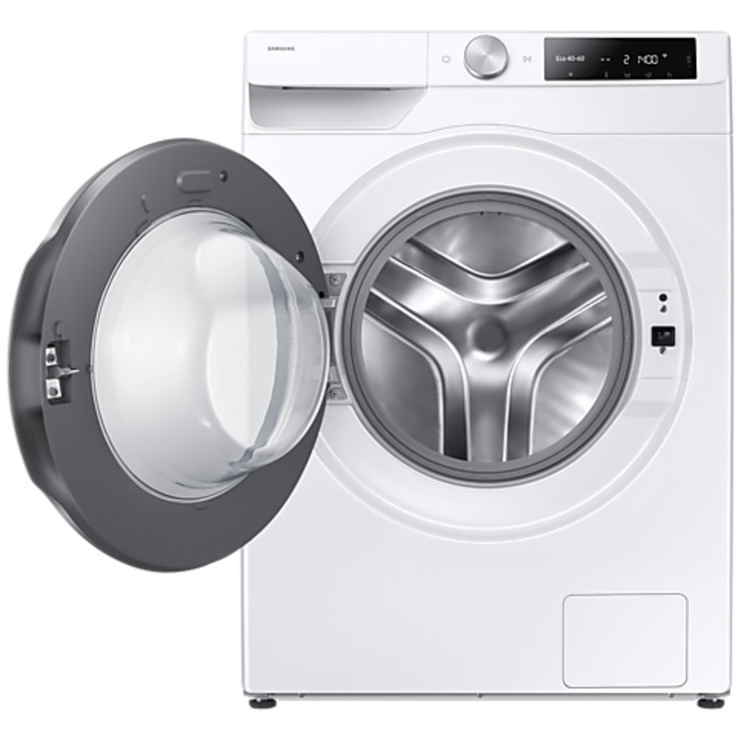 A white Samsung washing machine with its door open, showing the drum.