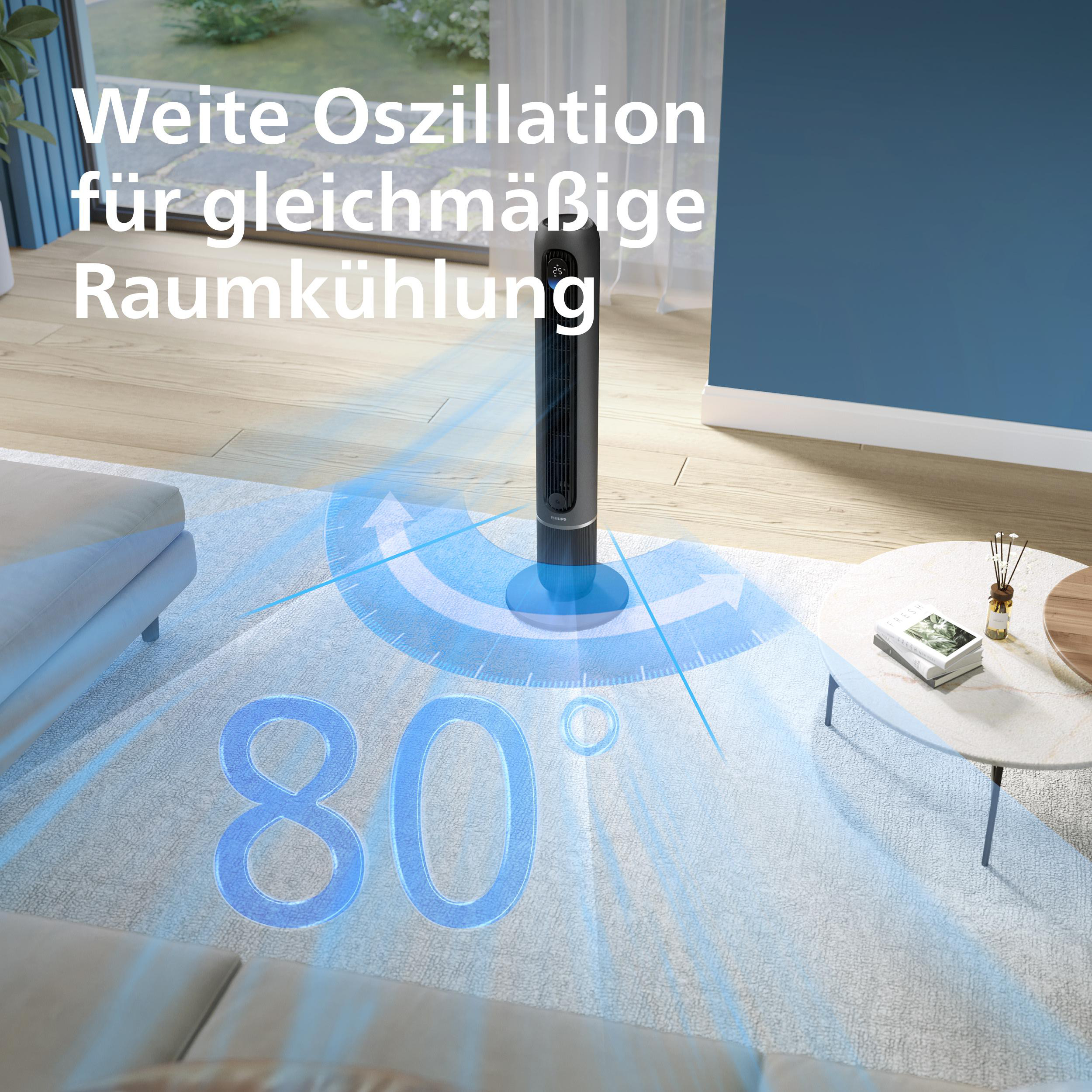 Ein schlanker Turmventilator oszilliert 80 Grad, kühlt den Raum gleichmäßig.