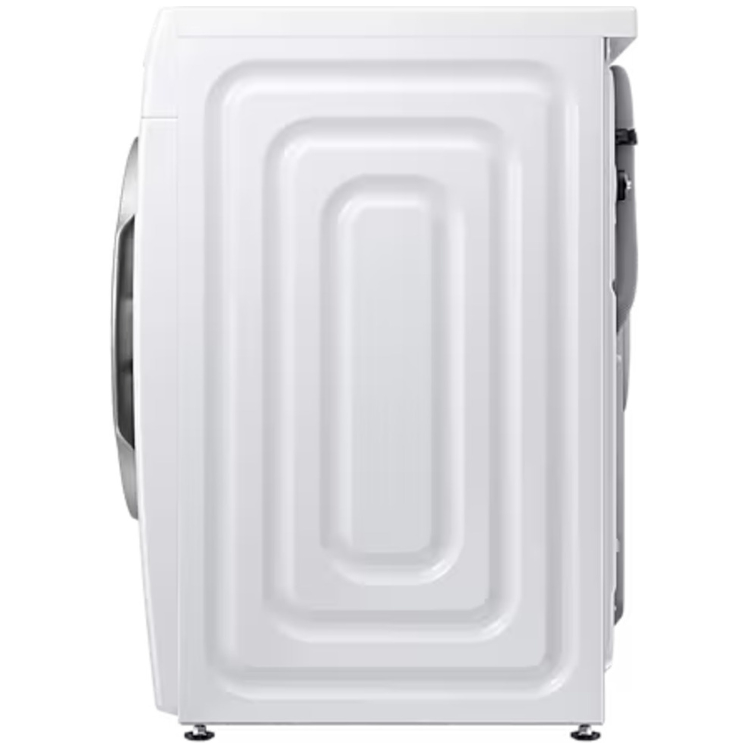 White washing machine seen from the side, with a patterned back.