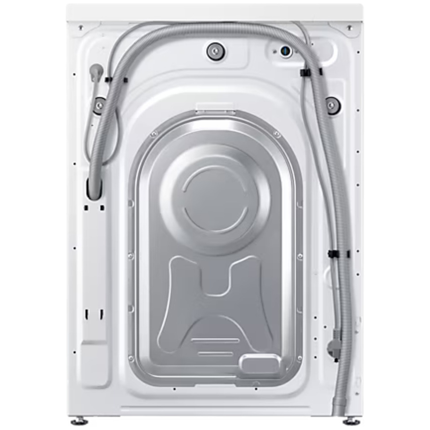 Back of a white washing machine with hoses and a metal cover.