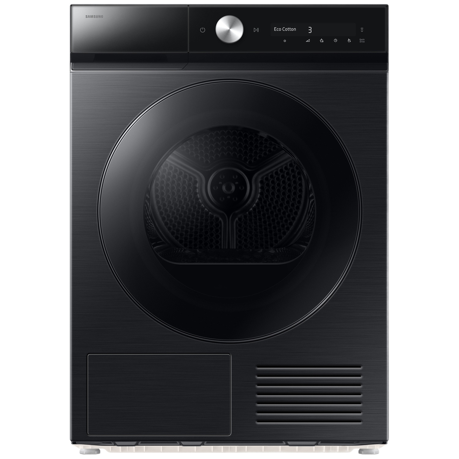 Black Samsung clothes dryer with digital display and round door.