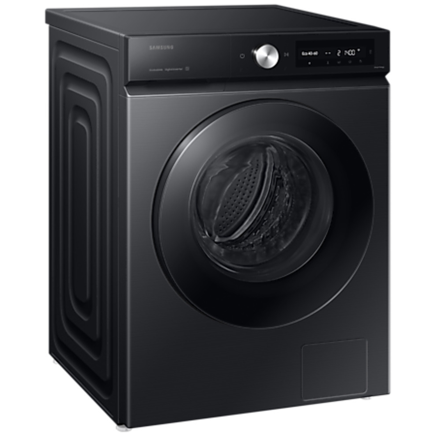 Black Samsung washing machine with a round door and digital display.
