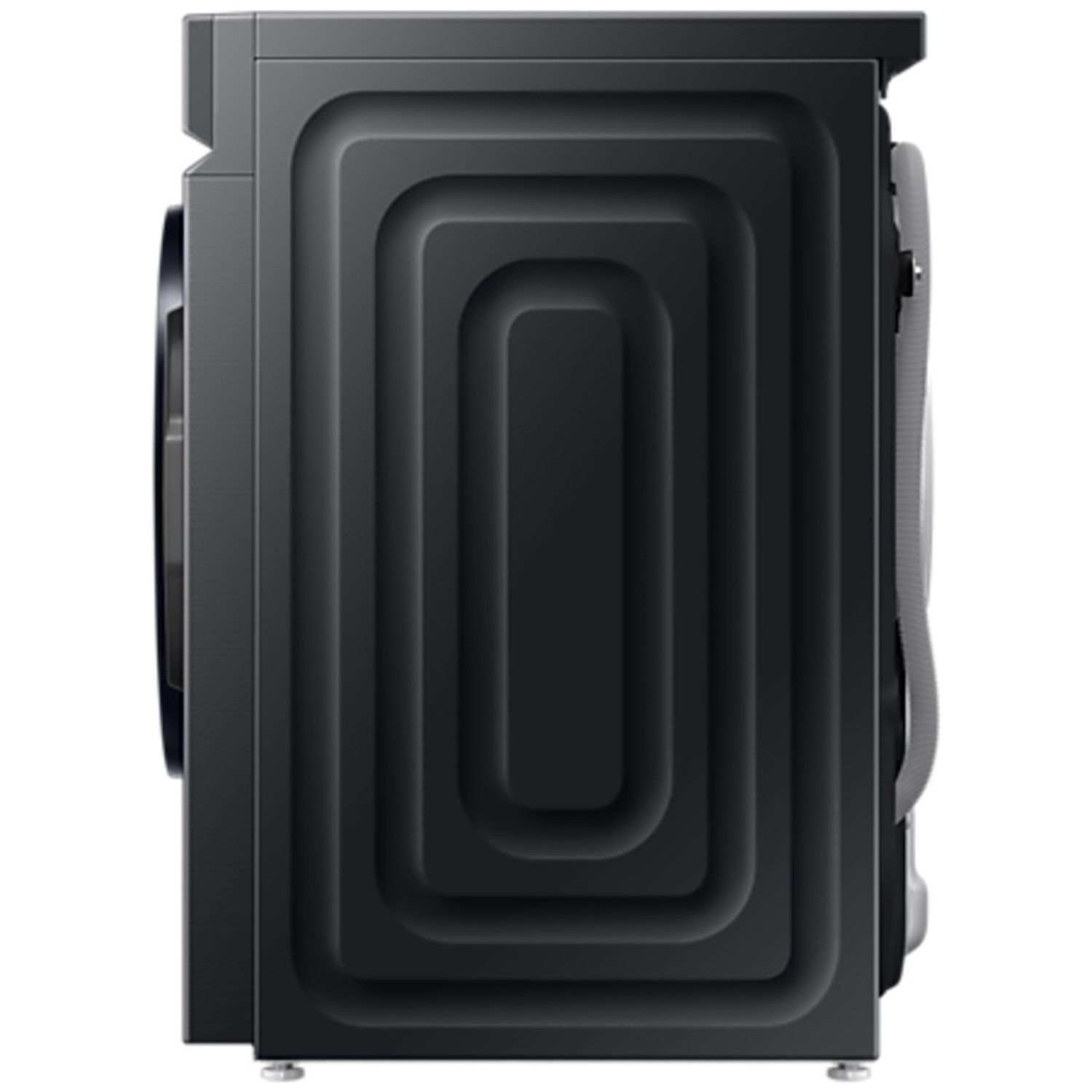 Black washing machine shown from the side, featuring concentric patterns on its back.