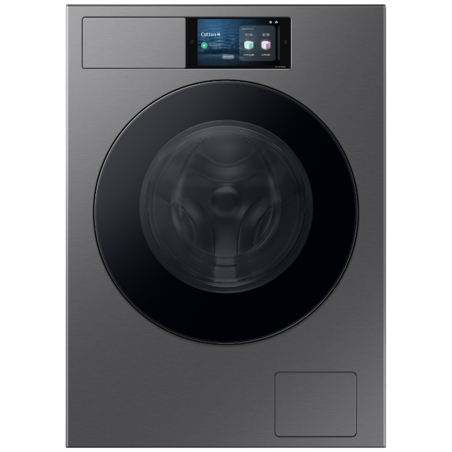 Lave-linge gris avec écran tactile et porte ronde noire.
