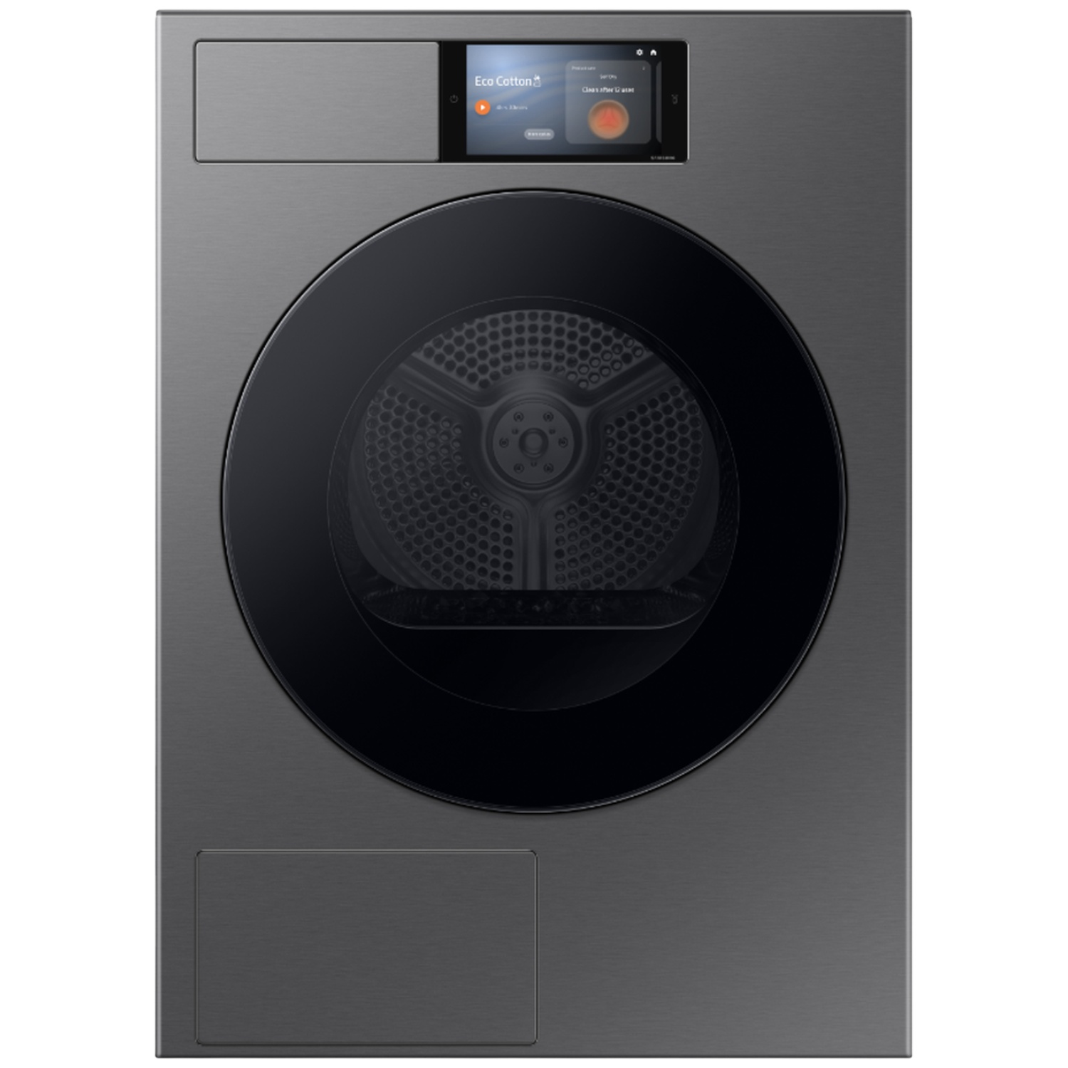 Un sèche-linge gris foncé avec une grande porte ronde en verre et un écran d'affichage numérique.