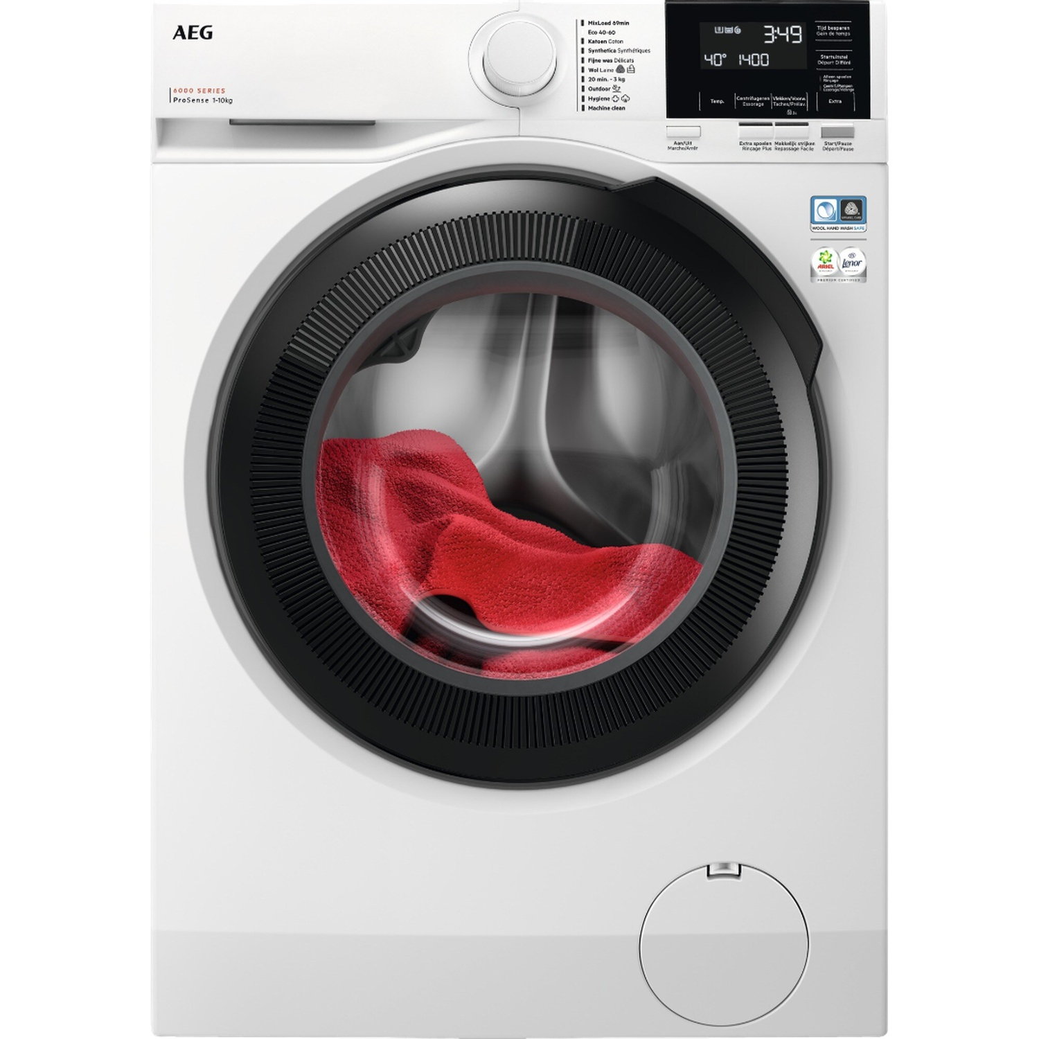 White AEG washing machine with red towel in drum and digital display.