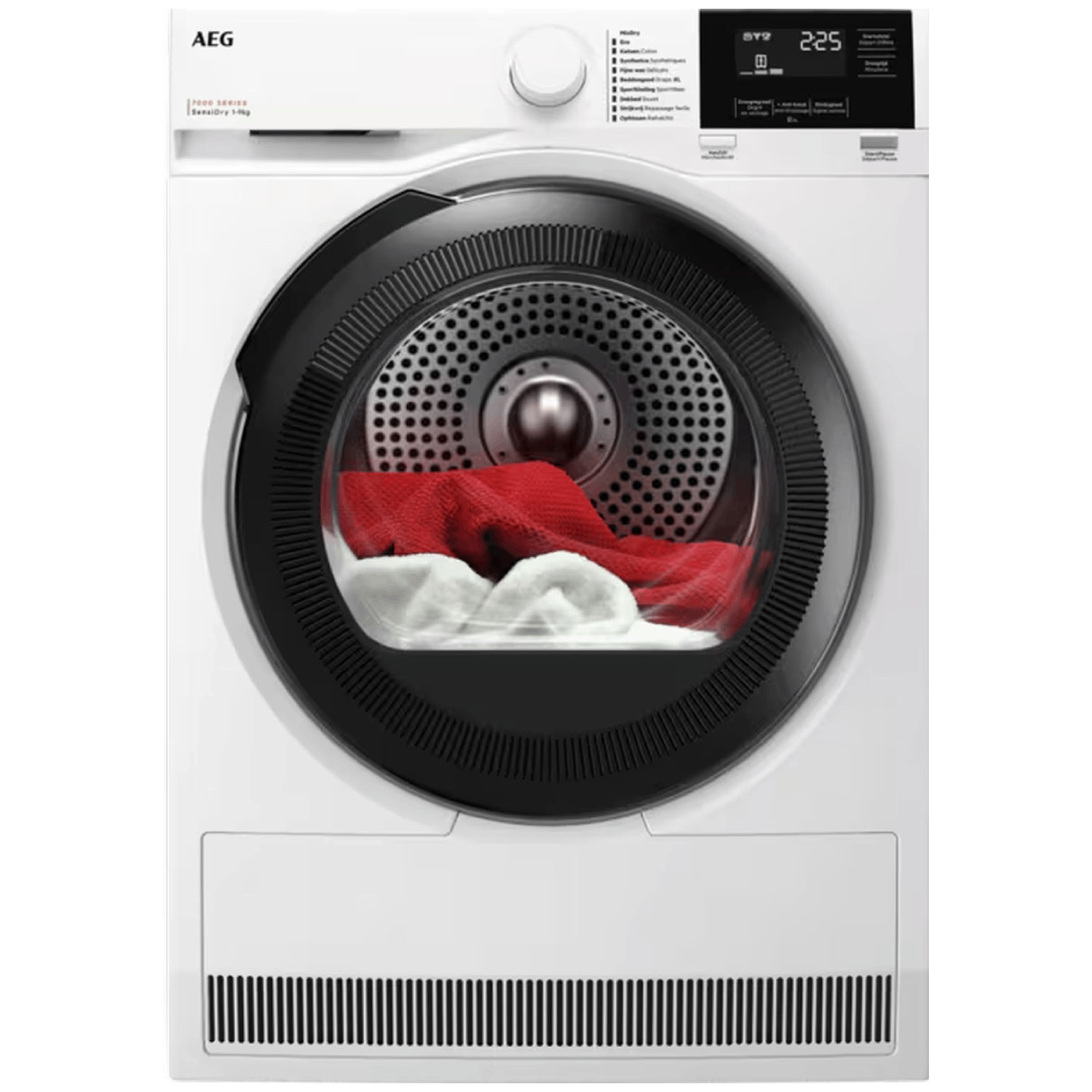 White AEG dryer with red and white laundry inside the drum.
