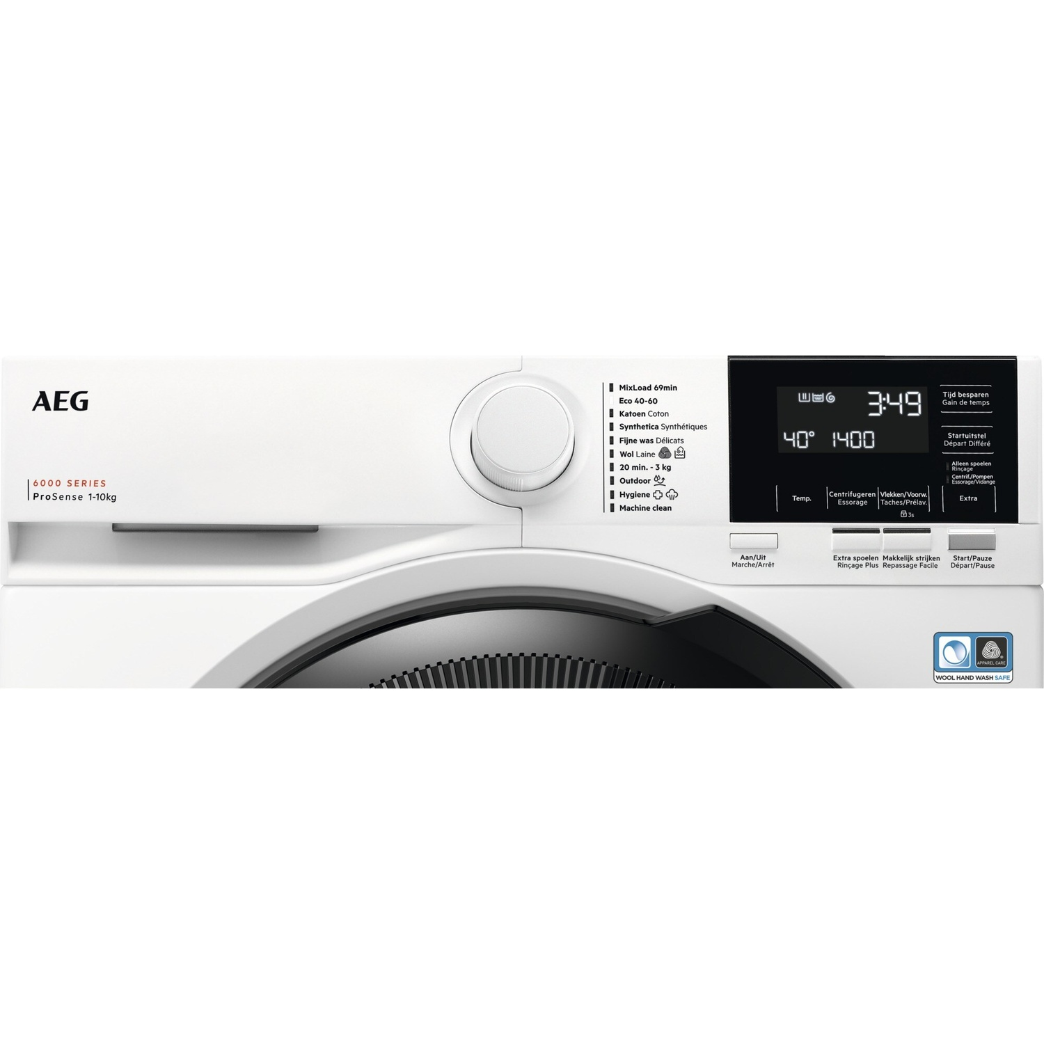 A white AEG 6000 Series washing machine with ProSense technology.
