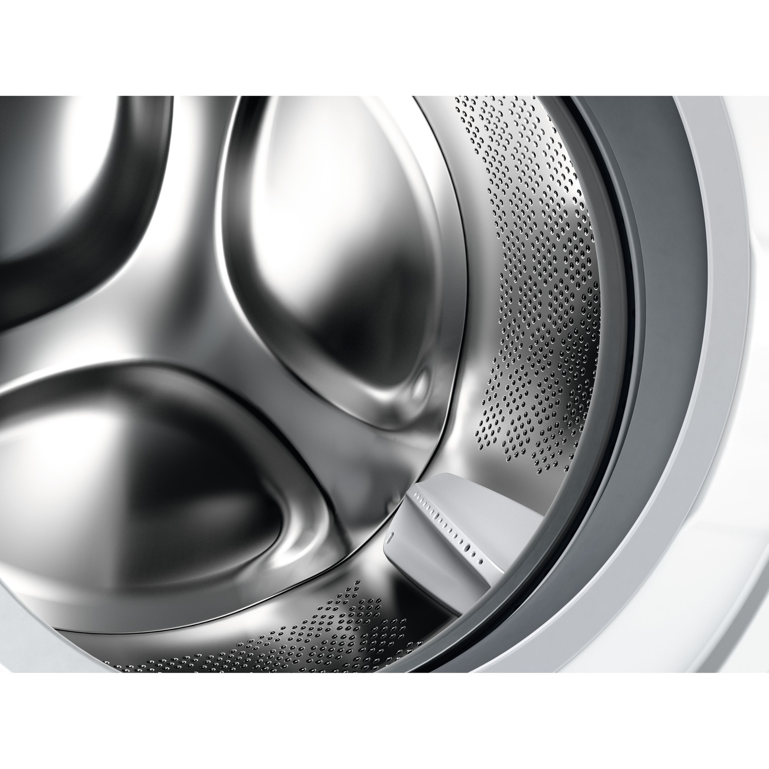 Interior view of an empty silver washing machine drum with a perforated pattern.
