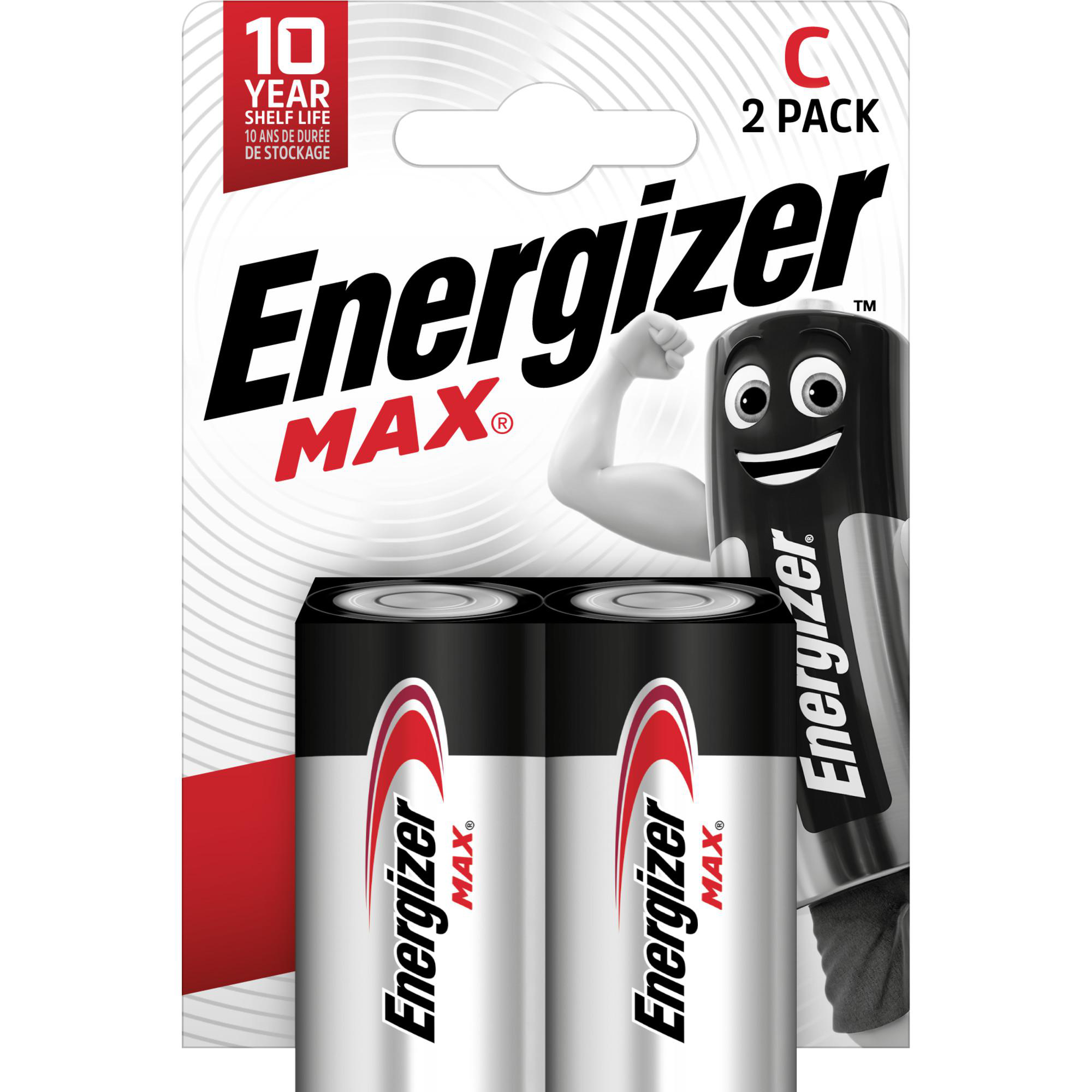 Energizer C-Batterien im 2er-Pack mit 10 Jahren Haltbarkeit, mit Comic-Figur.