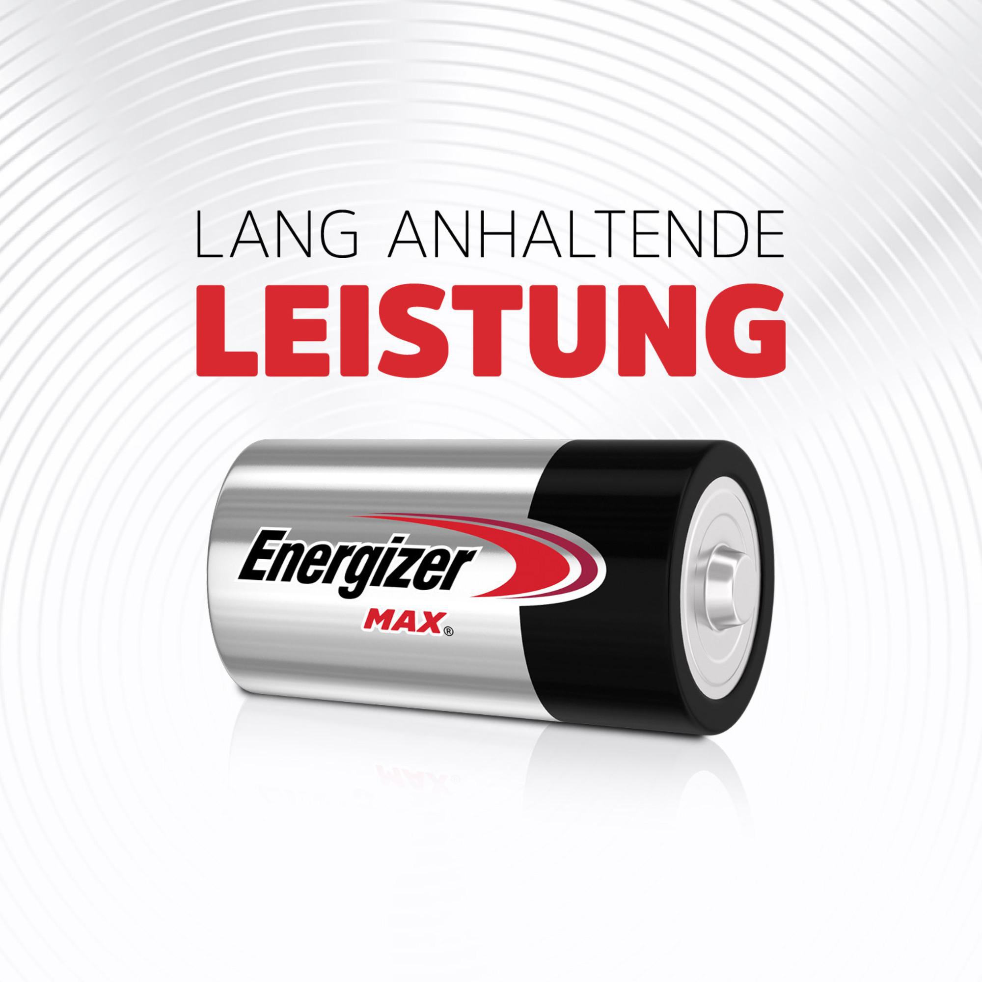 Eine Energizer MAX Batterie mit silbernem Gehäuse und schwarzem Kopf.